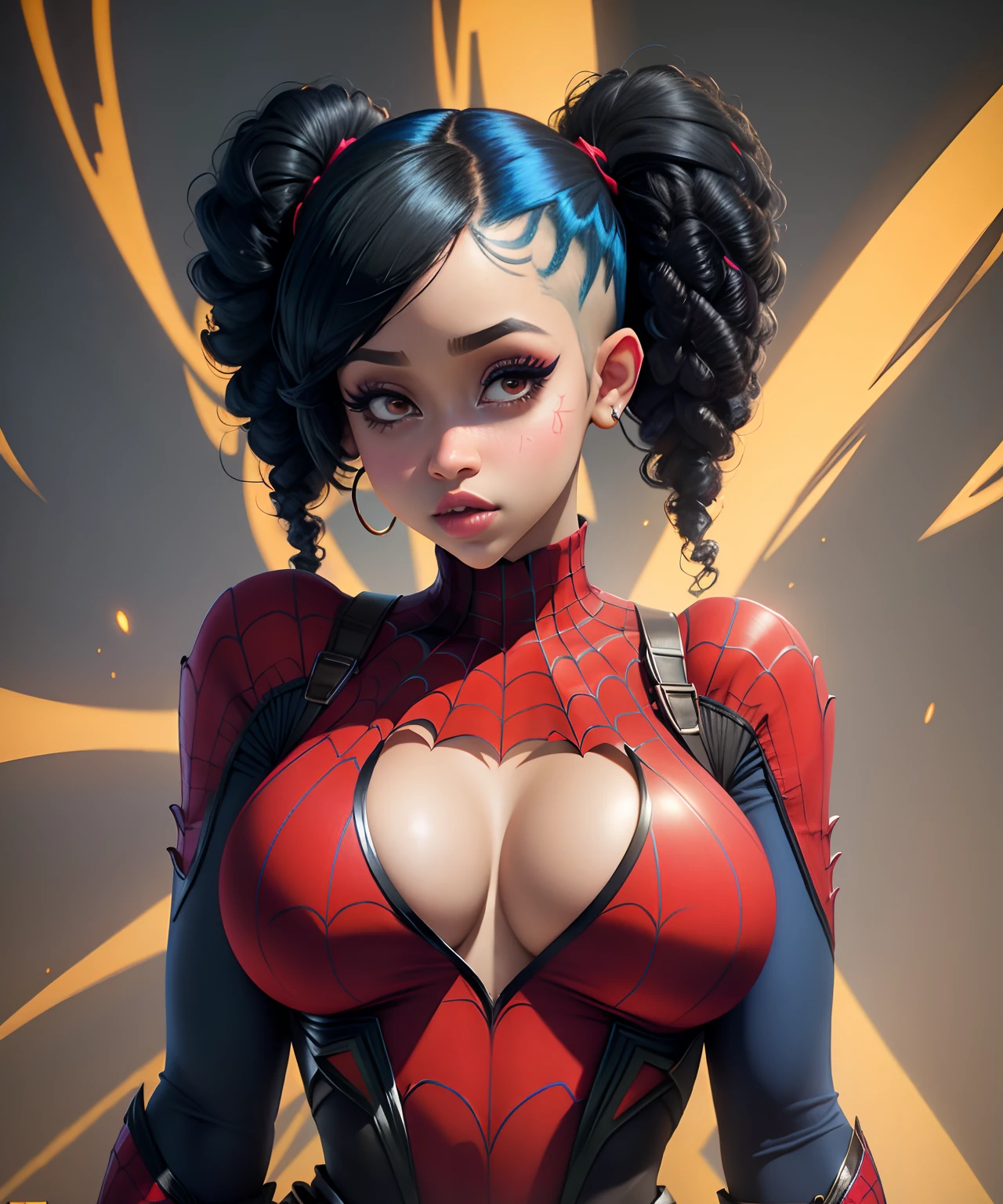 Raw foto,Beautiful Cardi B,detailed the outlined body with Spider-Man cosplay, very large breasts,tits big