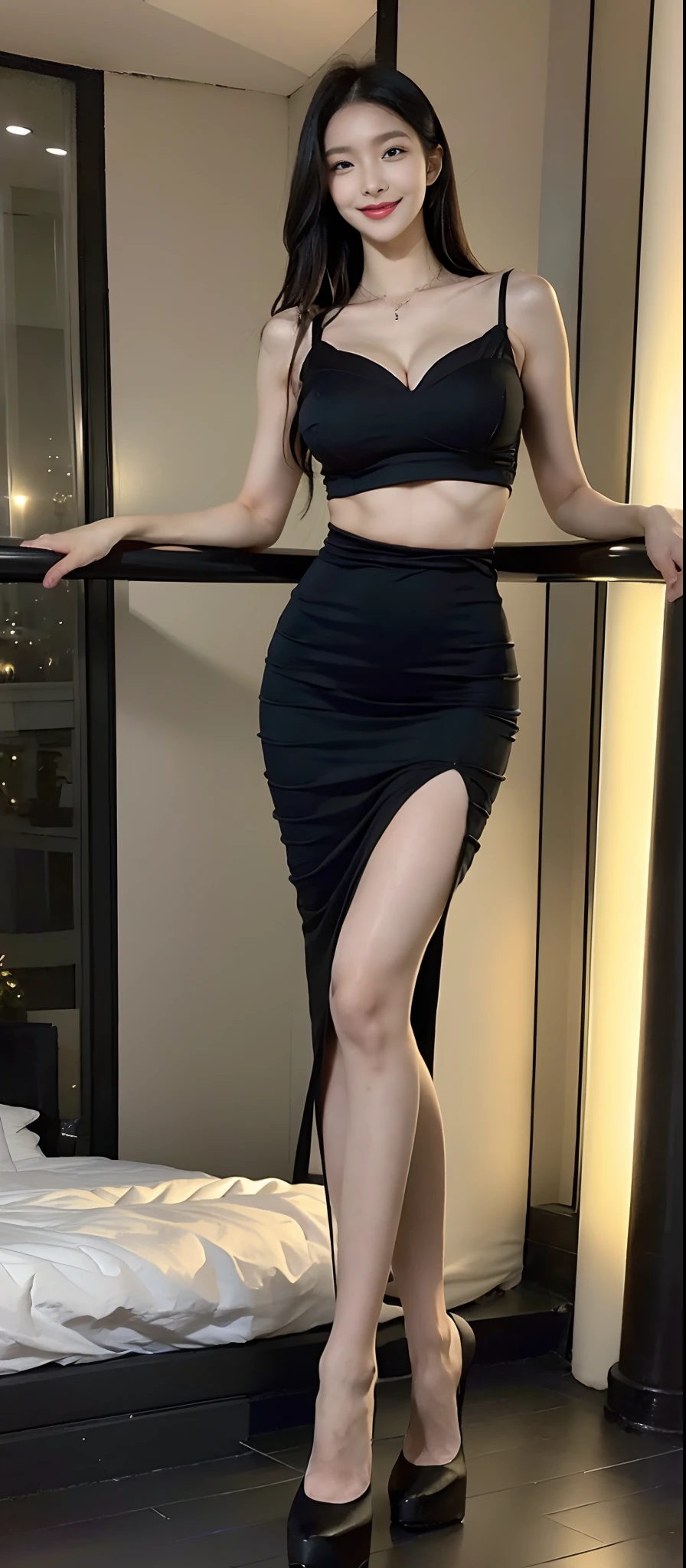 ((Best Quality, 8K, Masterpiece: 1.3)), Sharp: 1.2, Perfect Body Beauty: 1.4, Slim Abs: 1.2, ((black hair)), (black dress, stocking, high heels, standing), (luxury balcony), Highly Detailed Face and Skin Texture, Detailed Eyes, Double Eyelids, smile, luxury necklace