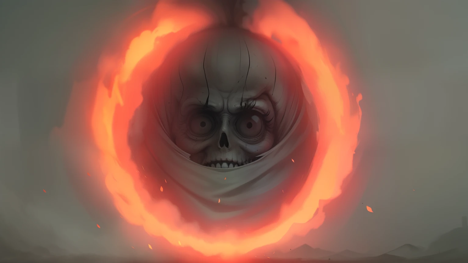 Dale mas color a esta imagen y que sea de terror y miedo, donde tenga almas del mas alla y cosas horrodosas