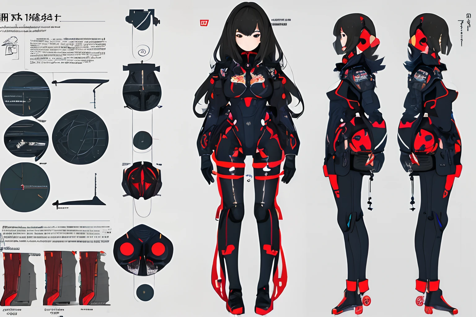 masterpiece, best quality, 1girl,highres, absurdres, full body,(ultra-detailed:1.1025), (illustration:1.1025), (infographic:1.1025), patent drawings, physical measurement, (all clothes configuration:1.1025), stationery, (solo:1.1025),standing, cohesive background, 5 fingers in hands, character sheet,