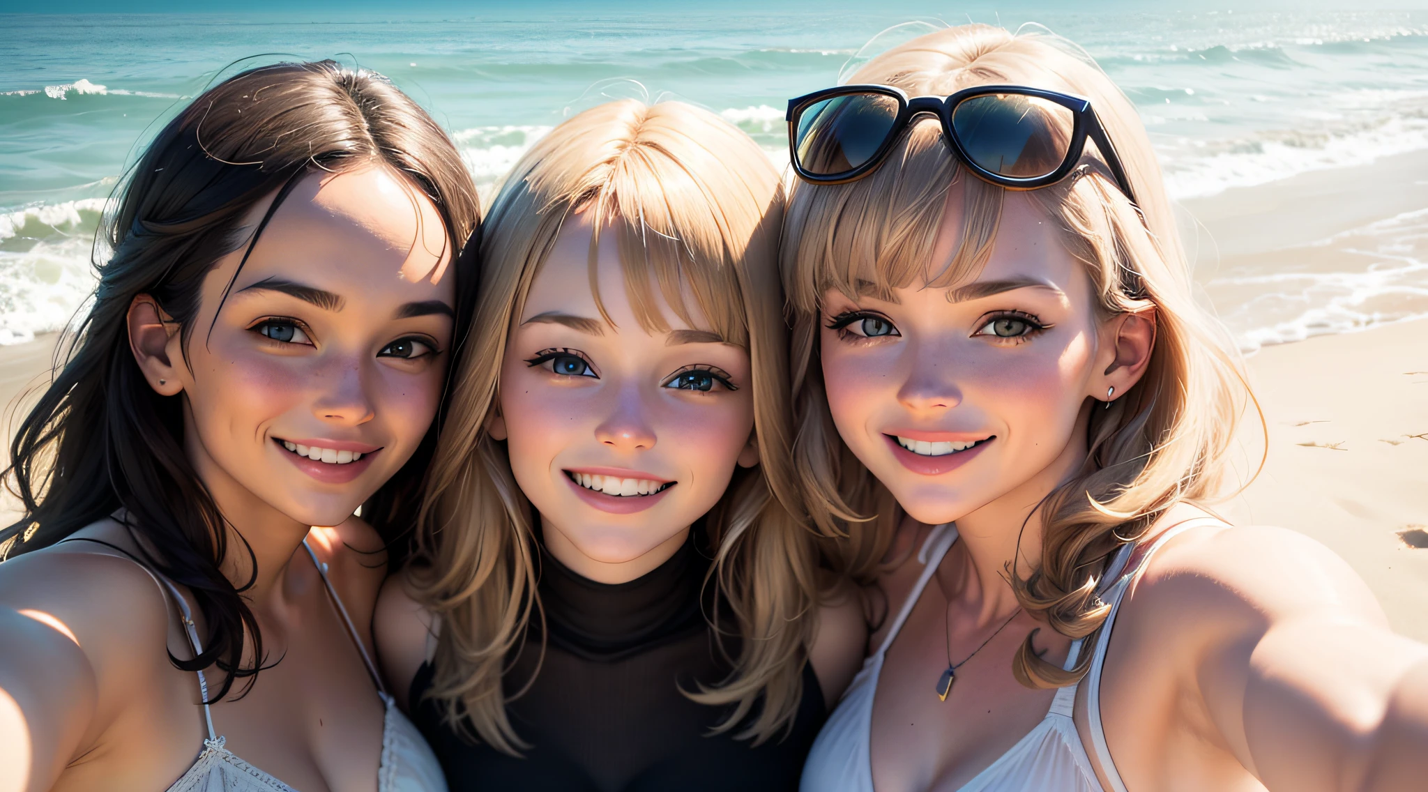 Caucasian friends smiling selfie on the beach together, clear photo, ultra realistic --auto
