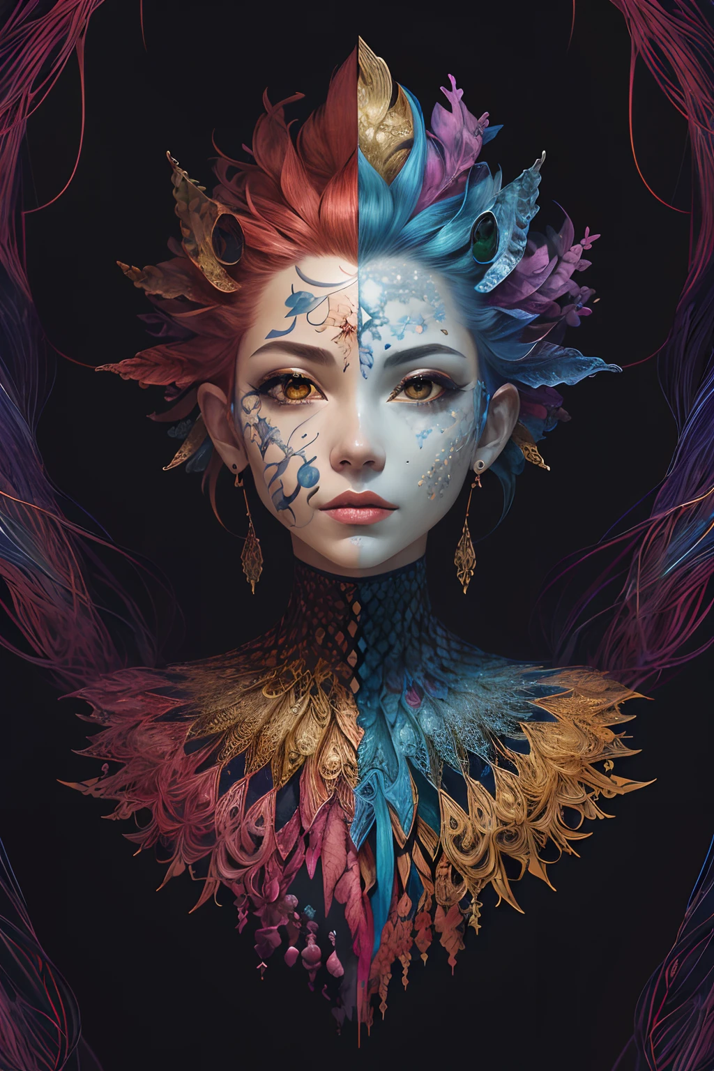 (masterpiece, top quality, best quality, official art, beautiful and aesthetic:1.2), (1girl:1.3), extremely detailed,(fractal art:1.2),colorful,highest detailed,(zentangle:1.2), (dynamic pose), (abstract background:1.5), (treditional dress:1.2), (shiny skin), (many colors:1.4), upper body, masterpiece, best quality,high quality,highres, 16K,RAW,ultra highres,ultra details,finely detail,an extremely delicate and beautiful,extremely detailed,real shadow, anime,highly detailed painted,award winning glamour paintting,wonderful paintting,art style,stylized,