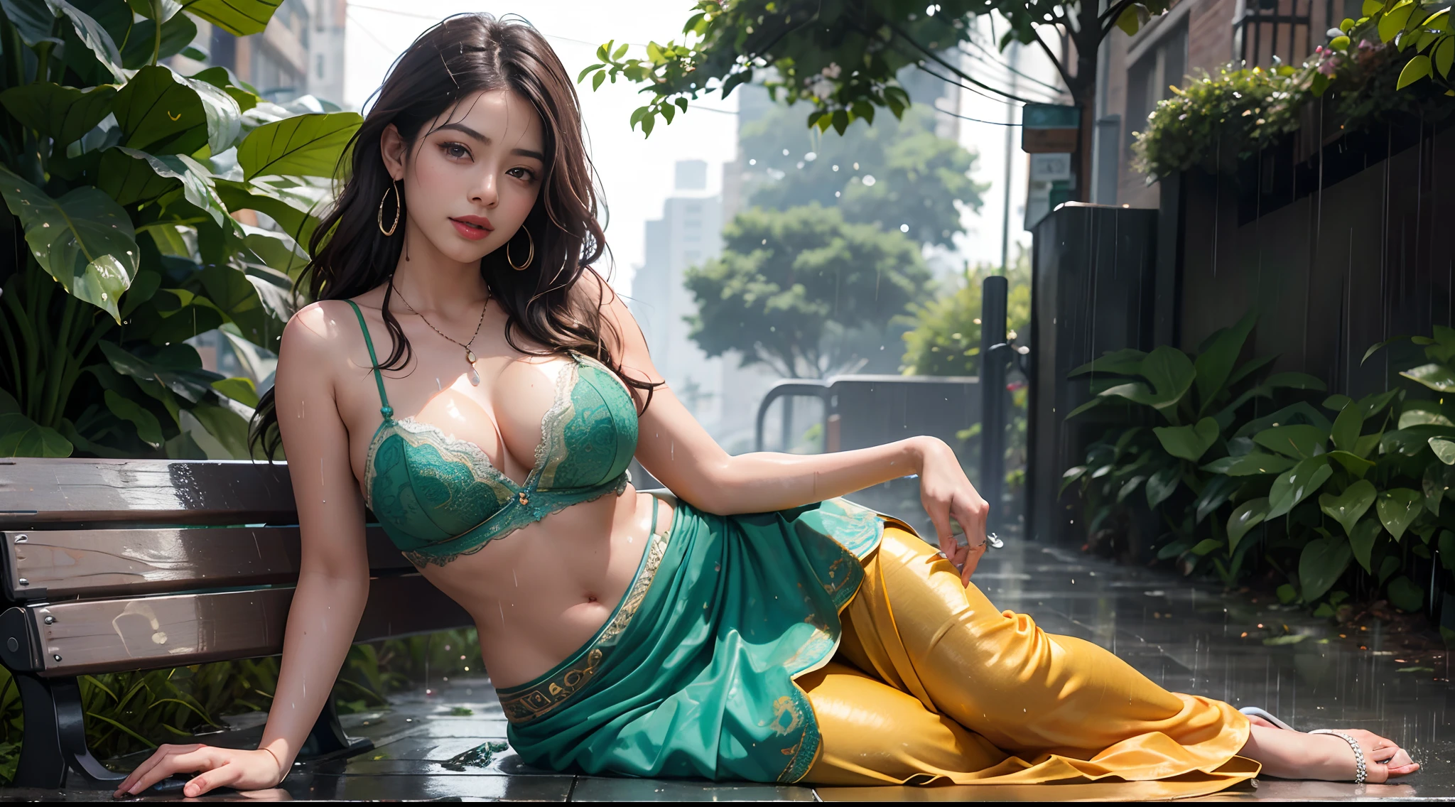 8yk, raw photo, heavy rainfall, raining, closeup, detailed green eyes, (best quality), hi-res, (one girl), (realistic, photorealistic: 1.2), ultra-detailed physically based rendering, necklace, earrings, air bang, hair ornament, sunset, collarbone, wristband, navel, long hair, brown hair, ahoge, eyes closed, mouth wide open, sinful, cry, Rashmika Mandanna, mole under lips, smiling, orange saree, wet skin, water on face, water on skin, heavy rainfall, Beautiful Indian woman sitting over bench, soaked in rain, soaked hair,, soaked clothes, city street, crowded street, long hair highlights, curvy, flower, big earrings, morning time, sunlight on face, shining body, through hair, lace bustier beautiful shining, pearls, sitting, cleavage, floor, raining, Rainfall, raining Heavy