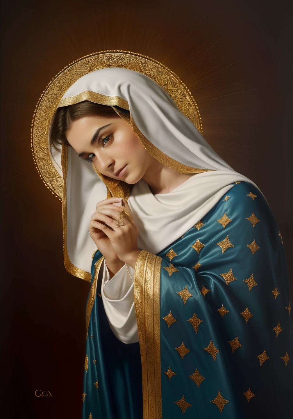 ((Blessed Virgin Mary. 19 years old))) ((( Con una cara seria y piadosa. Con una mirada dulce y tierna))) (obra maestra, calidad superior, mejor calidad, arte oficial, beautiful and aesthetic: 1.2), (1girl), extremadamente detallado, (Arte fractal: 1.3), colorido, highest detailed, Cara perfecta, parte superior del cuerpo, HDR, (orando: 1.3), (golden lines of white coat: 1.2), galaxia, (rayas de luz), eye-catching visuals, (dynamic stripes, senderos luminosos: 1.2), colores vibrantes,