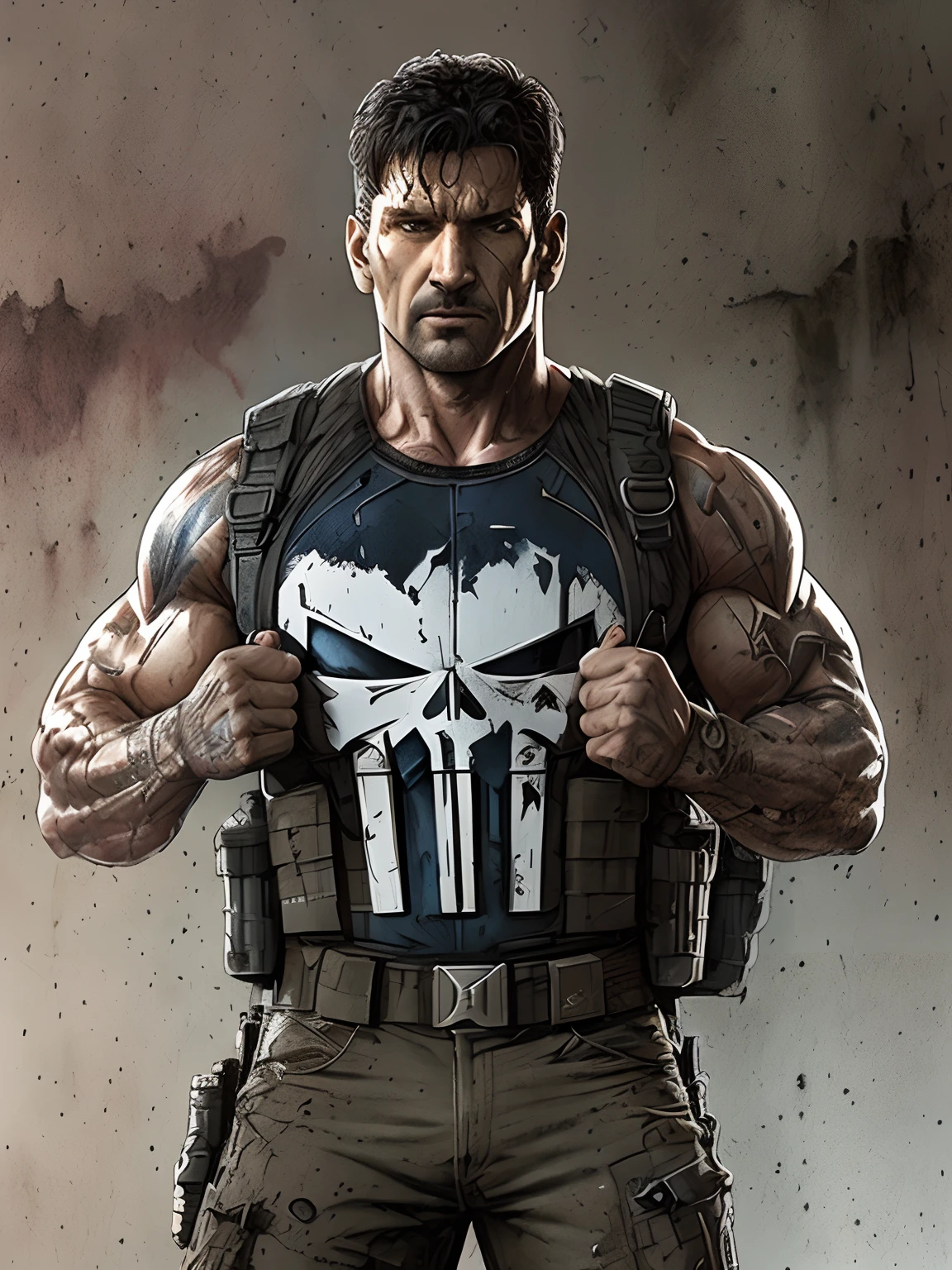 Frank Castle (The Punisher) strong, muscular, street angry, backpack, Art by John Byrne and Jim Lee, epic realistic, photo, faded, complex stuff around, intricate background, soaking wet, neutral colors, ((((hdr)))), ((((muted colors)))), intricate scene, artstation, intricate details, vignette
