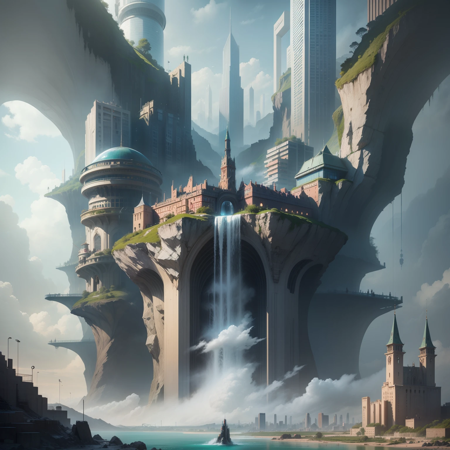 cyberpunked　futuristic cities　Skyscrapers　Super huge castle　huge waterfall　SF　top-quality　​masterpiece　超A high resolution　dream