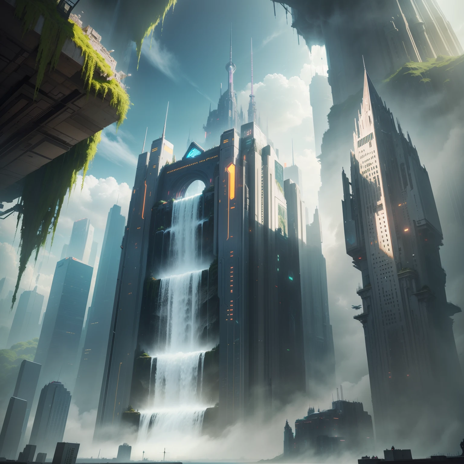 cyberpunked futuristic cities Skyscrapers Super huge castle huge waterfall SF top-quality masterpiece 超A high resolution dream