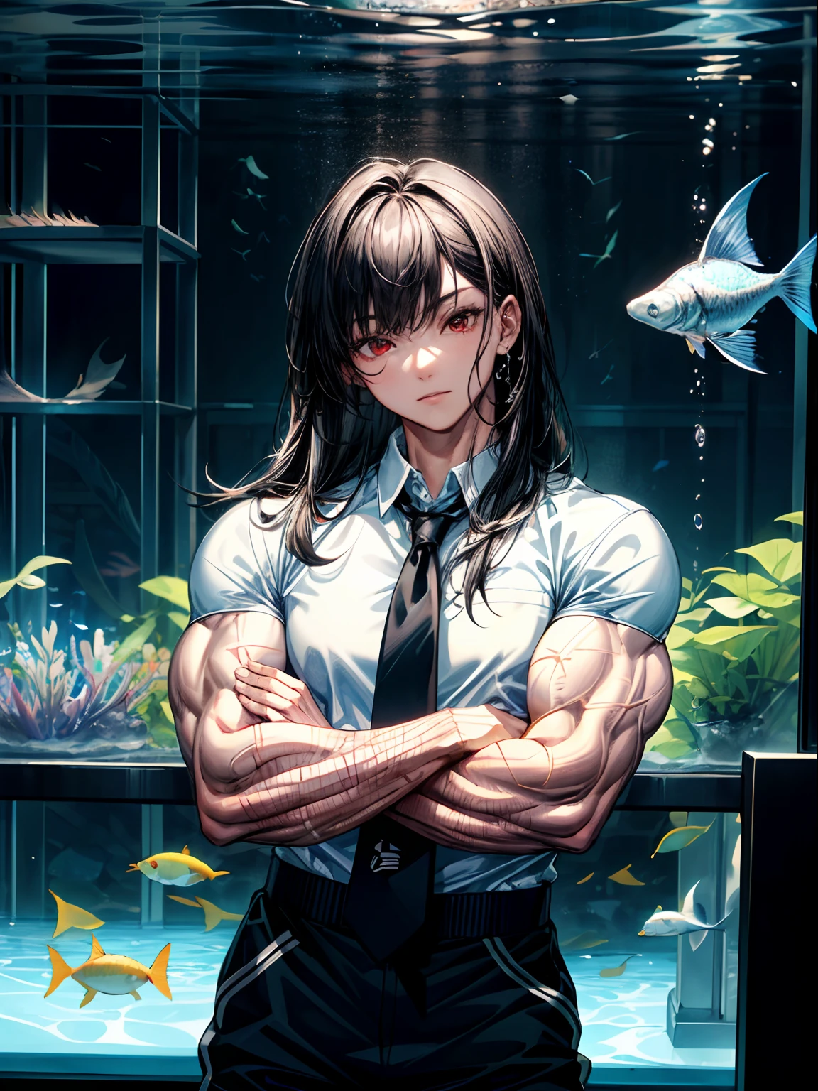 (best lighting) , (super-complex details) , 4K unified, (super-detailed CG: 1.2) , (8K: 1.2),(original), (masterpiece) , (best quality),(Masterpiece:1.4),Anime-ish high quality,(masterpiece),masterpiece, best quality, absurdres,((Masterpeace, 4k, 8k, highres)),(masterpiece), (best quality), (ultra-detailed), (an extremely delicate and beautiful), ((cowboy shot)), 1 woman, Yoru, beautiful face, detailed face, red eyes, scar on the cheek, long hair, black hair, school uniform, white shirt, black tie, dynamic pose, looking at viewer, on a aquarium, fish tank behind her, algae, marine life, blurred bottom, female focus, depth of field, full HD, high definition, high resolution
, ((body builder:1.5)),temple background,(beautiful bace),(girl),(female),(((upper body:1))),from front