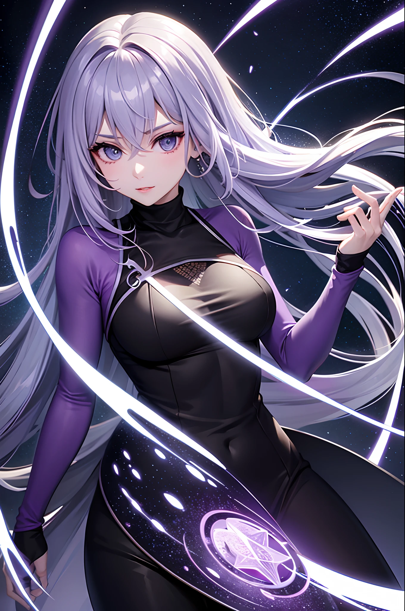 (tmasterpiece,best qualtiy:1.4),(hoang lap,A high resolution,Hyper-detailing:1.2),(1 beautiful woman:1.4),(using dark magic:1.4),Purple magic,Wear a turtleneck dress,Imaginative overlays,artistic fusion,Fantastic scenes,evocative narratives,striking visual effects,The upper part of the body