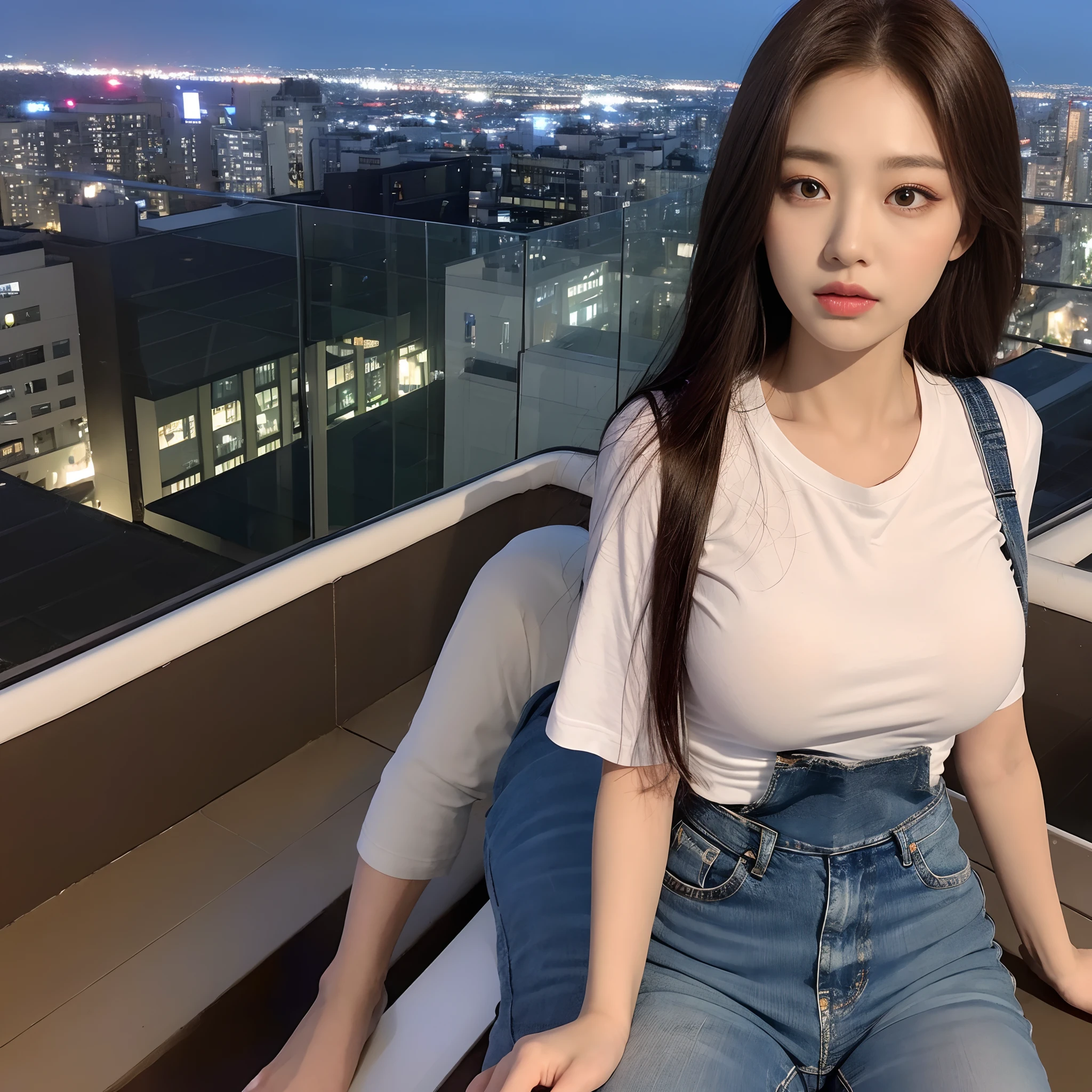 ((Midnight, Best quality, 8k, Masterpiece :1.3)), Whole body, Long legs, Sharp focus :1.2, A pretty woman with perfect figure :1.4, Slender abs :1.1, ((Dark brown hair, Big breasts :1.2)), (White tight tshirt, Jean bib, Standing:1.2), ((Night city view, Rooftop:1.3)), Highly detailed face and skin texture, Detailed eyes, Double eyelid