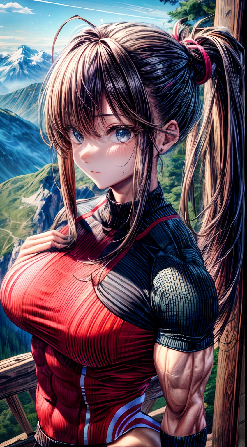 (BEST lighting) , (ultra intricately detailed) , 4K unification, (super-detailed CG: 1.2) , (8K: 1.2),(Original), (Masterpiece) , (Best quality),(Masterpiece:1.4),Anime-ish high quality,(Masterpiece),Masterpiece, Best quality, absurderes,((masterpeace, 4K, 8K, Yes, A high resolution))1girll, She was hiking a mountain,Head to a mountain resort, hiking clothes, Spring, Boots, Perfect figure, Long ponytail hair, Sweat, Dynamic pose, ((body builder:1.5)),Temple background,(Beautiful bace),(Girl),(Female),(((Upper body:1)))