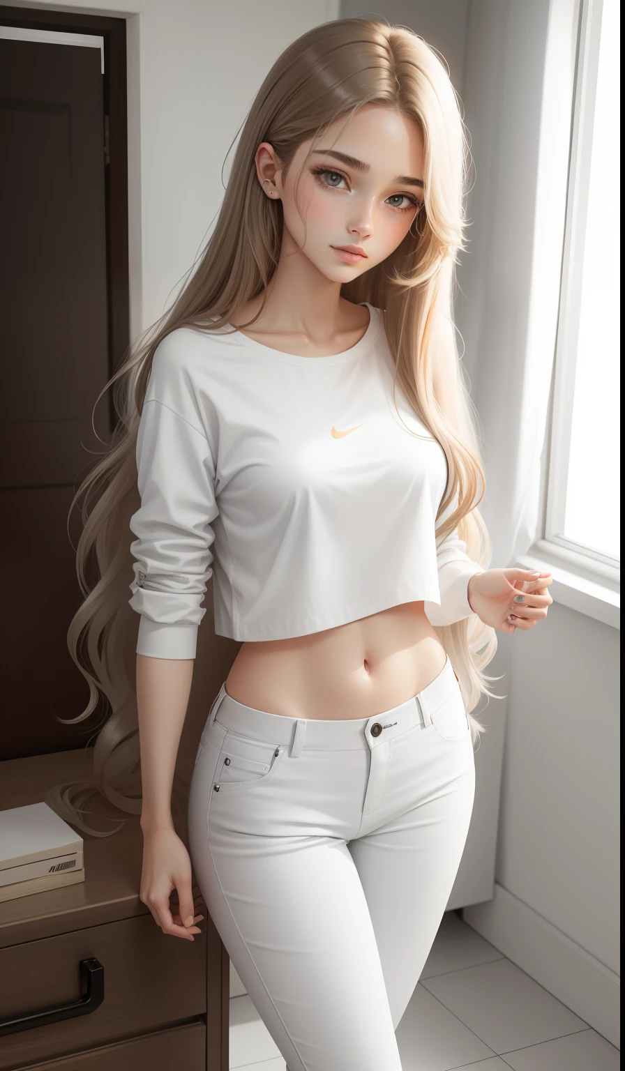 a woman in a white shirt and red pants is playing video game, simple style, wearing elegant casual clothes, muted red, simple clothes, milk and red style, casual clothing style, modern fashion outfit, wearing a fisher , casual modern clothing, inspo, red clothes, red pants, neutral tones, rred and white color scheme, casual business outfit, cute face, nike shoes, 17 years old, adult face, long hair, ((ashy light brown hair)) and gleaming detailed grey coloured eyes, slim frame, small breasts, long legs, slim curvaceous figure, soft features