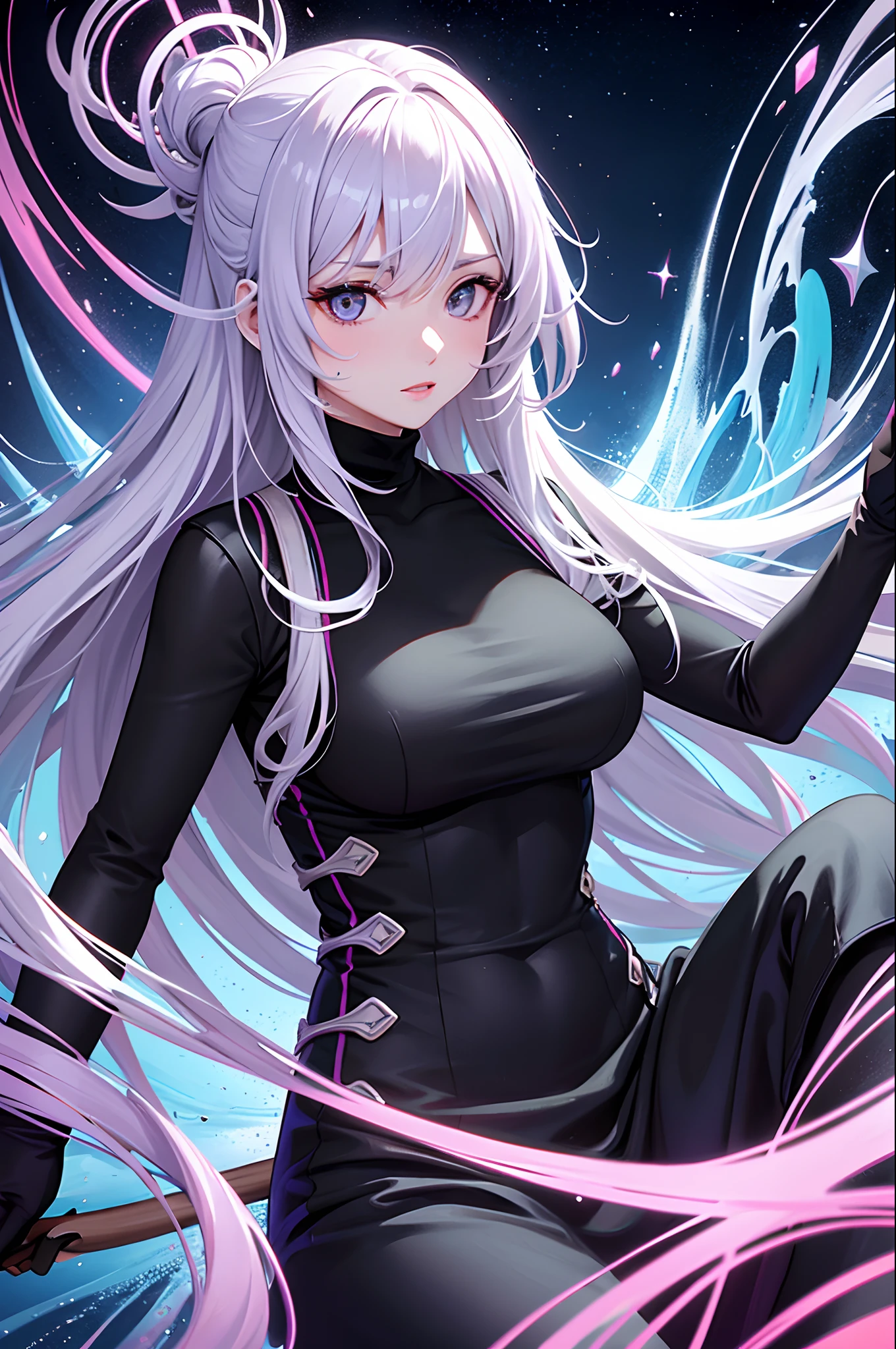 Anime girl with long white hair and black dress sitting on a rock ...