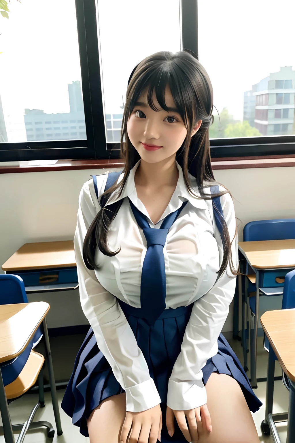 （A little **** ***********），（Immature Slightly thin face），（Super swollen: Exaggerated scale: Swelling, Huge chest，super gigantic breasts），（Full clothing supported by breasts），long whitr hair，（Wear a tight Chinese white transparent school uniform,School pants），Waist less school shirt，See the bra through the school uniform，Many people's classroom background, sit on chair，Pure temperament，ssmile，perfect  eyes, perfect hand，超高分辨率, Movie Angle, Professional lighting, best qualtiy, tmasterpiece, Perfect focus，Background bokeh，realisticlying，Ultra-high ress fabric texture，8k eye details，8K pupils，