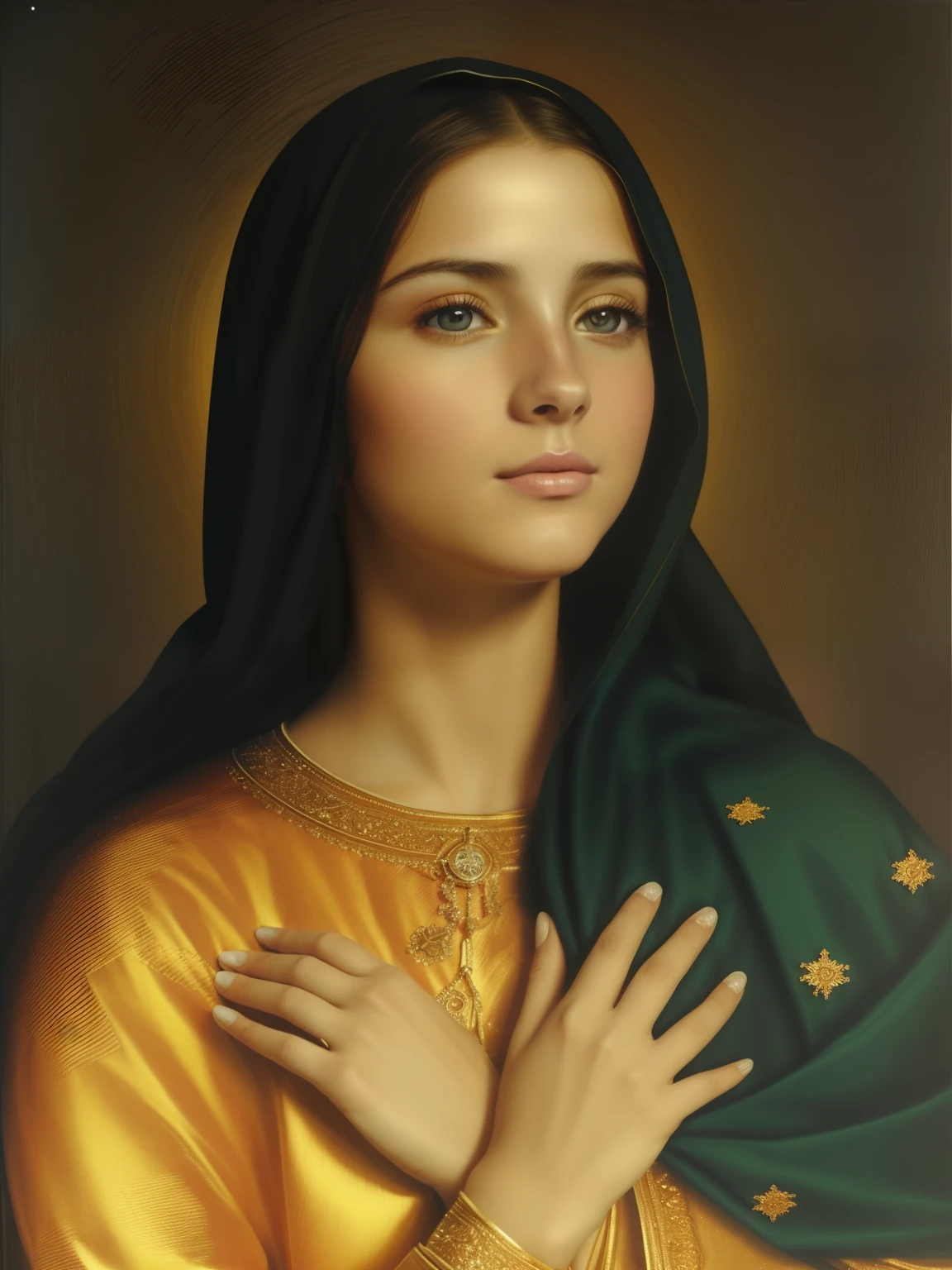 ((Blessed Virgin Mary. 19 years old))) ((( Con una cara seria y piadosa. Con una mirada dulce y tierna))) (obra maestra, calidad superior, mejor calidad, arte oficial, beautiful and aesthetic: 1.2), (1girl), extremadamente detallado, (Arte fractal: 1.3), colorido, highest detailed, Cara perfecta, parte superior del cuerpo, HDR, (orando: 1.3), (golden lines of white coat: 1.2), galaxia, (rayas de luz), eye-catching visuals, (dynamic stripes, senderos luminosos: 1.2), colores vibrantes,