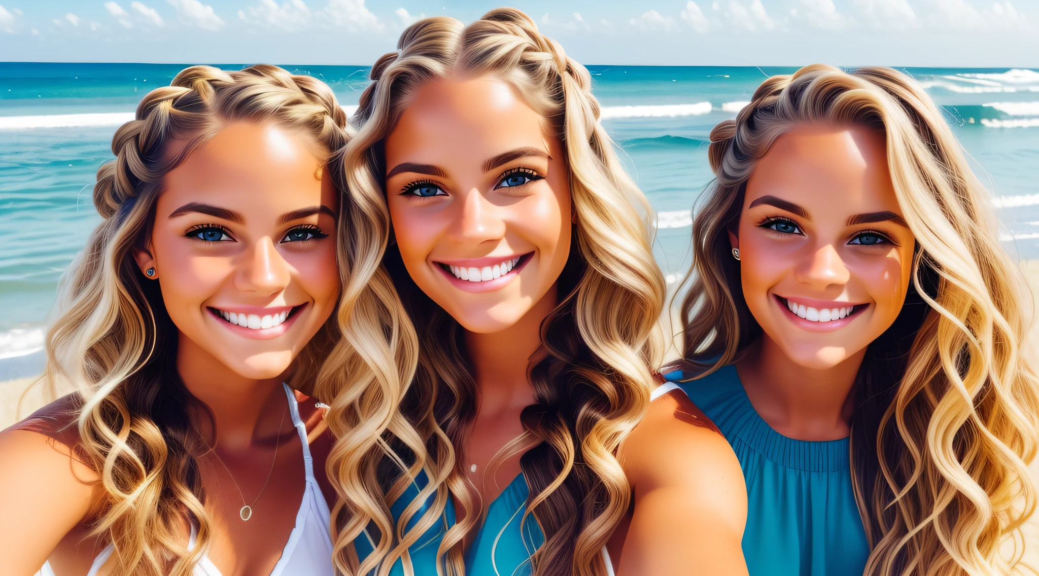 Caucasian friends smiling selfie on the beach together, blonde, brunette, wavy hair, curly hair, braids, clear photo, ultra realistic --auto