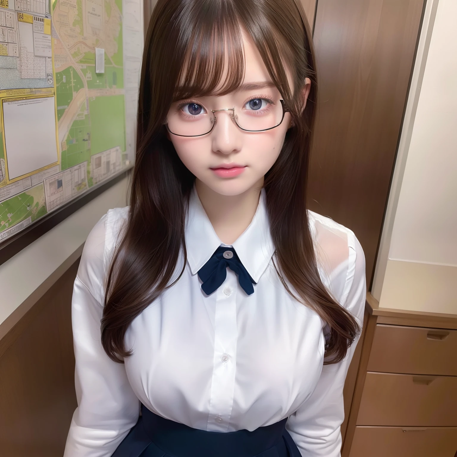 (Ultra Real), (Illustration), (High Resolution), (8K), (Very Detailed), (Best Illustration), (Beautiful Detailed Eyes), (Best Quality), (Ultra Detailed), (Masterpiece), (Wallpaper), (Detailed Face), 1girl, student, school uniform, glasses, skirt, full body innocent face, blush,classroom, blue eyes, big breast
