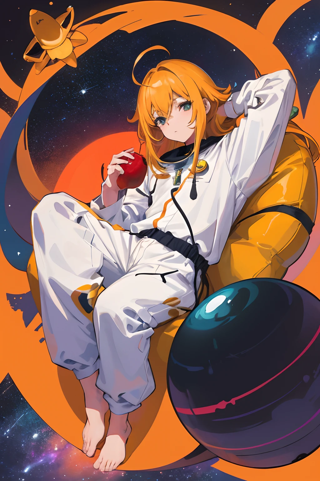 Create an illustration of a male character in the anime style, with hair that is stuck on top, mas soltos na parte de baixo. Your hair should be a combination of blonde and black. He must be wearing a white short-sleeved shirt and an orange astronaut jumpsuit pants. The scene takes place inside a spaceship. The character is sitting with his legs stretched out, and one of his arms rests relaxedly on one of his legs. The other arm holds an apple, that he is looking curiously or about to eat. He has a calm expression, como se estivesse aproveitando um momento de paz no ambiente espacial. Make sure the illustration captures both the details of the character, como o cabelo de duas cores, o traje de astronauta laranja, the relaxed pose and the serene expression, as for the spacecraft environment around him. Use vibrant colors and careful details to bring this unique scene in the space to life.