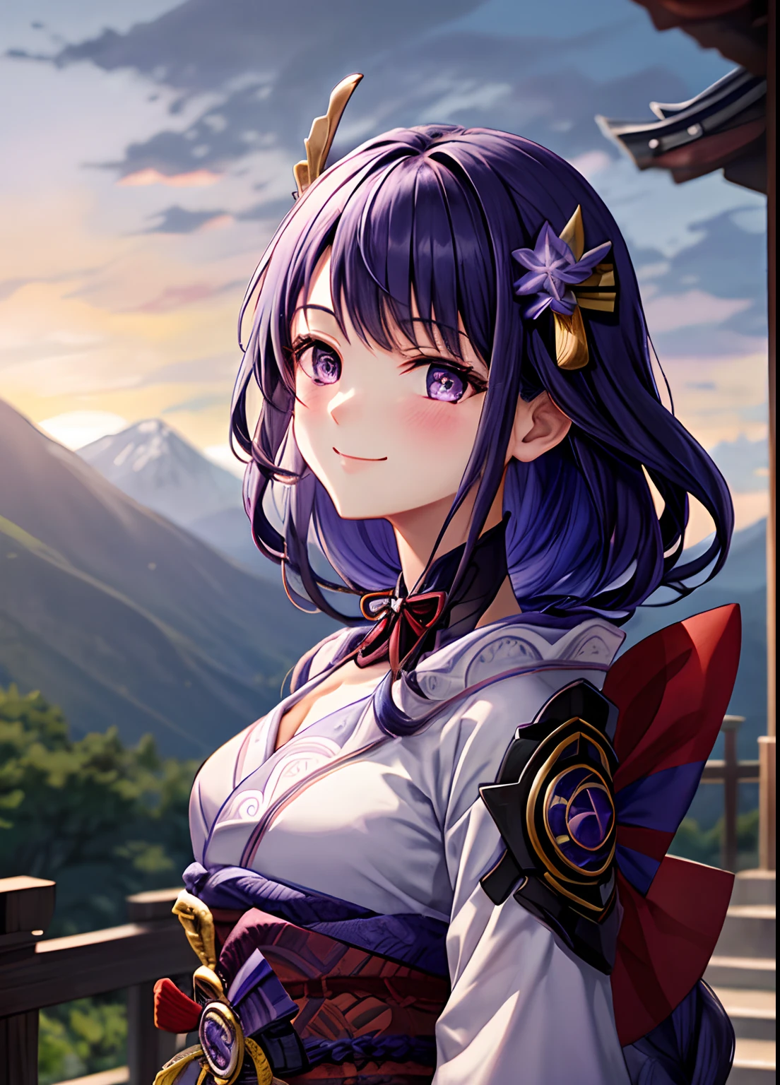 raidenshogundef, upper body, smile, blush, outdoors, day, simple background, blue sky, short hair, sky, temple, looking at viewer, stairs, mountain, moody lighting, facing viewer,