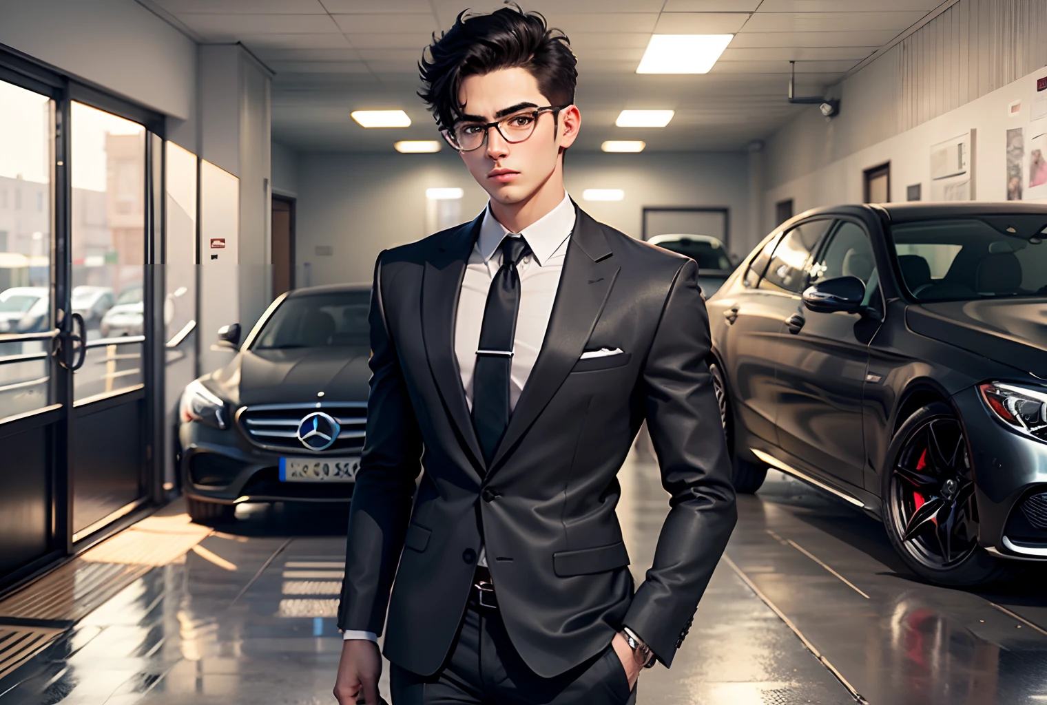 An 18-year-old young man wearing black glasses and a black suit with short black hair rides a black Mercedes in a luxurious garage full of beautiful colored cars ,8k --auto --s2