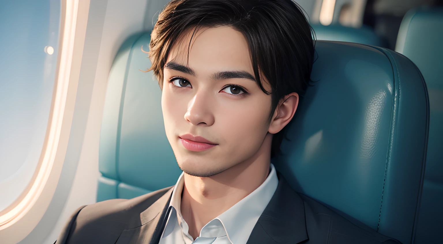 ((Men only)), (head shot), (Handsome muscular male flight attendant in his 20s on an airplane), (Wearing a light blue suit on bare skin), (Airline badge), (chris redfield), (Show me his abs), Mischievous smile, (detaile: 1 in 1), Natural muscles, HIG quality, beautidful eyes, (Detailed face and eyes), (Face、: 1 / 2), Noise, Real Photographics、... .................................................................................................................PSD, Sharp Focus, High resolution 8K, realisitic & Professional Photography, 8K UHD, Soft lighting, High quality, Film grain, FujifilmXT3