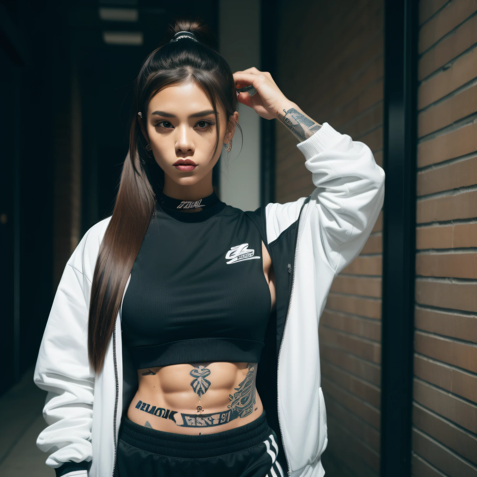best quality, masterpiece, highres, 1girl, Beautiful face, photorealistic, 8k, UHD, long hair, ponytail, arm tattoos, tattooed, toned abs, sweat, Asian, female, muscular biceps, choker, dark skin, street wear, wearing streetwear, busy street, (high detailed skin:1.2), 8k uhd, dslr, high quality, candid, Photograph, high resolution, 4k, 8k, alone, one girl, streetwear, she is wearing streetwear, woman in streetwear, jacket