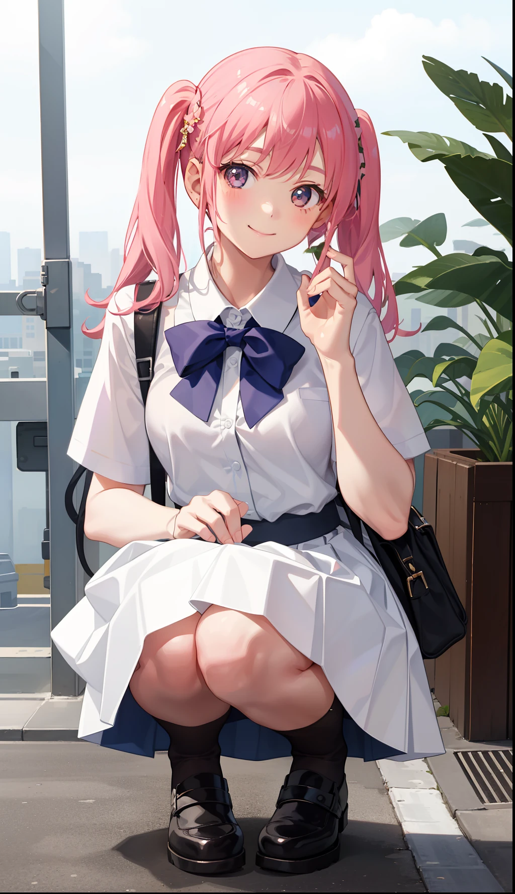 1girl in、A smile、A delightful! The shirt、pleatedskirt、White skirt、(small tits)Squatting panchira、