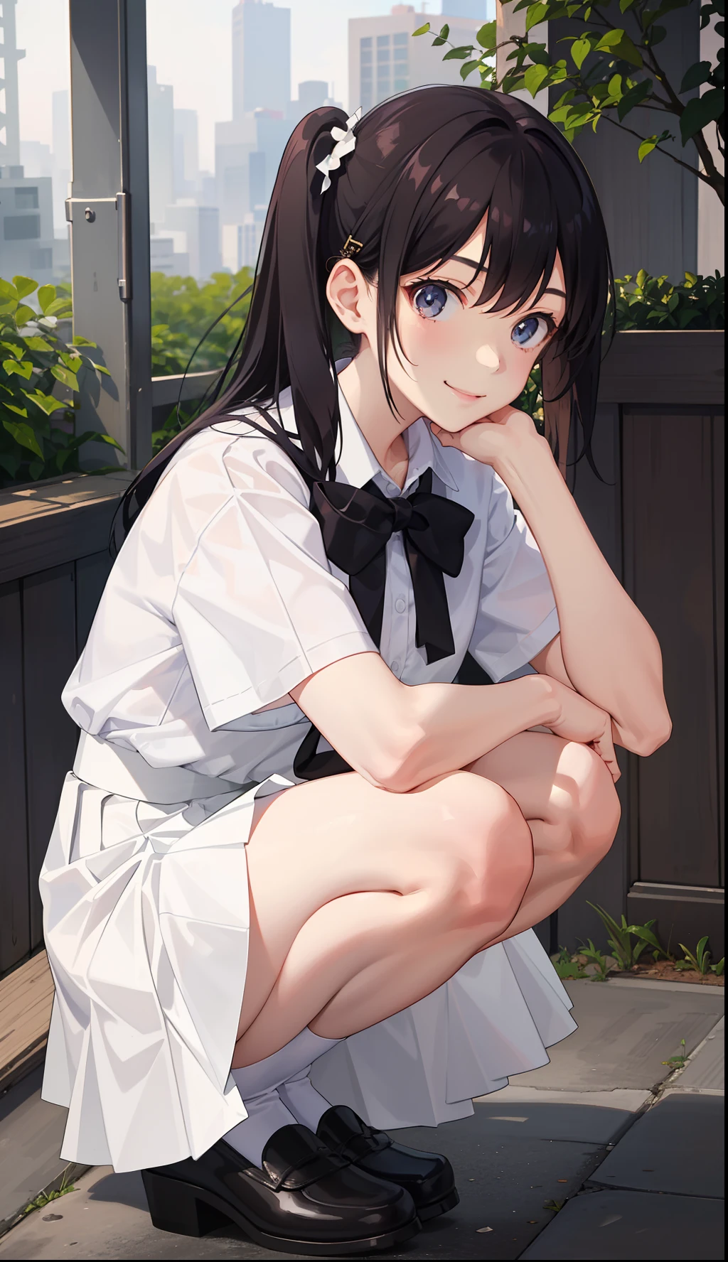 1girl in、A smile、A delightful!　The shirt、pleatedskirt、White skirt、（small tits）Squatting panchira、