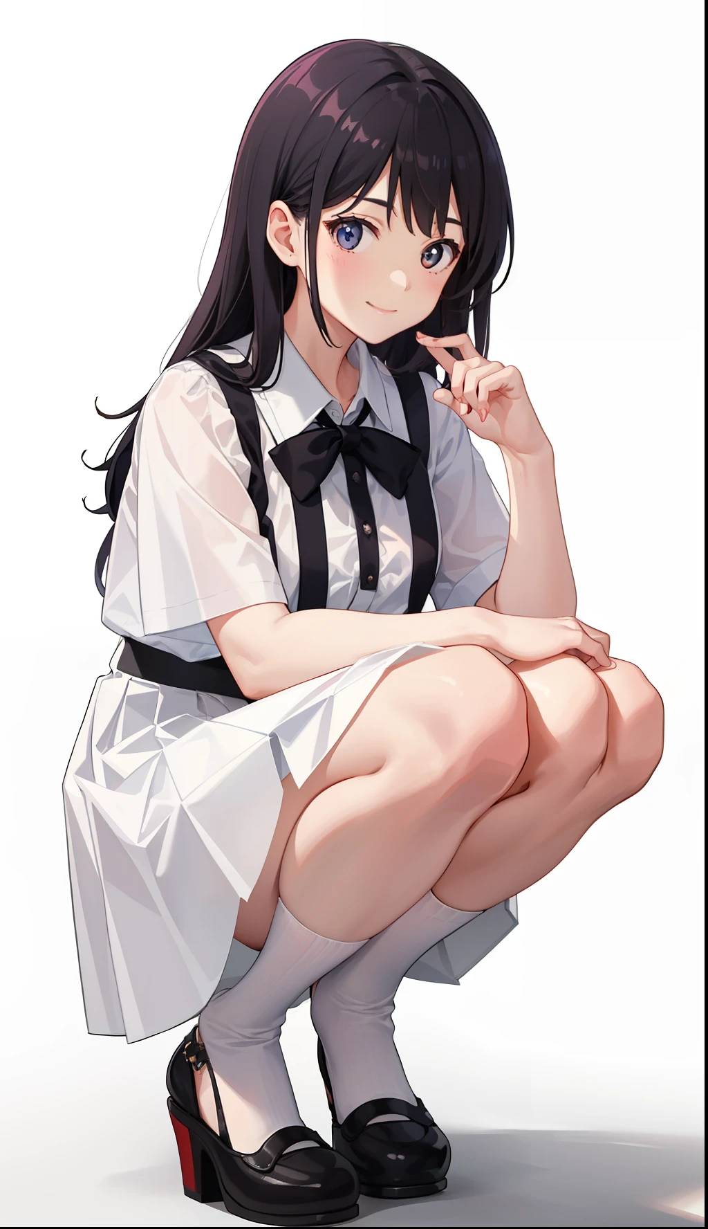 1girl in、A smile、A delightful!　The shirt、pleatedskirt、White skirt、（small tits）Squatting panchira、