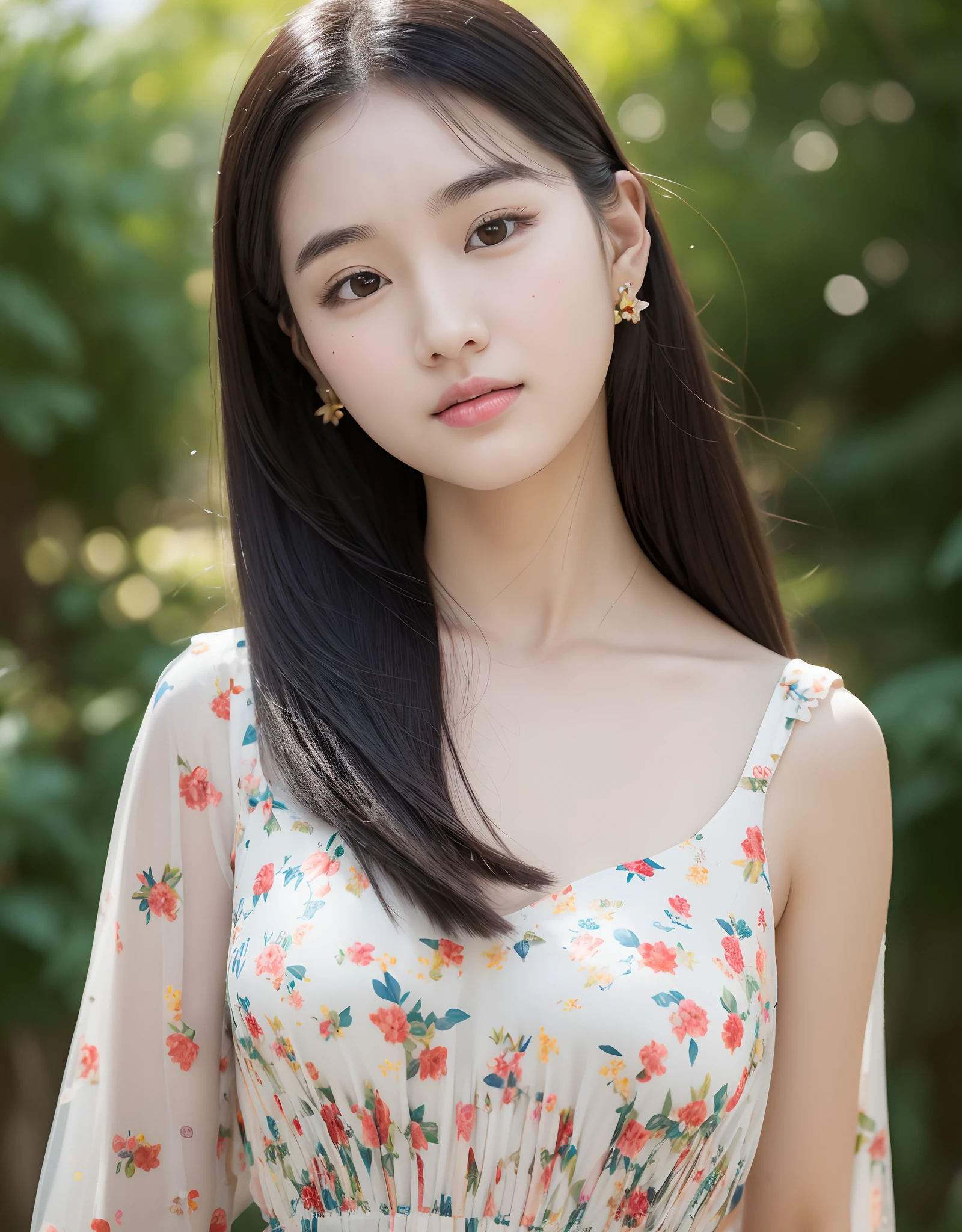 Bust up of attractive Korean girl with long black hair, Cute nose, rosy cheeks, Wearing a floral dress and jewelry earrings, huge size, face to viewer, (8K, Best Quality : 1.2), (masutepiece, Photorealistic : 1.3), Super Detail, Anatomically correct