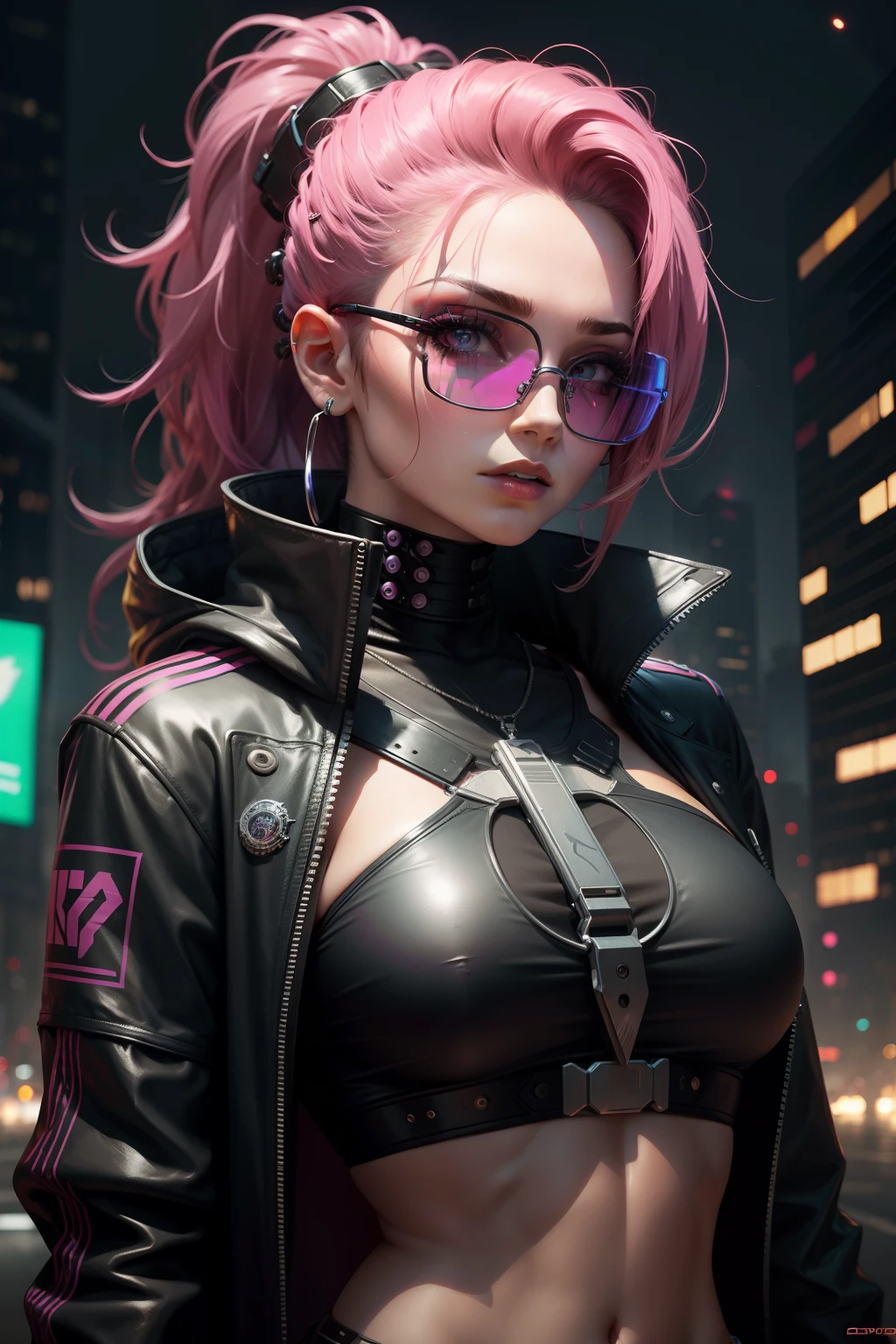 Mulher cyberpunk, oculos escuro, cabelo rosa e carros ao fundo e pessoas