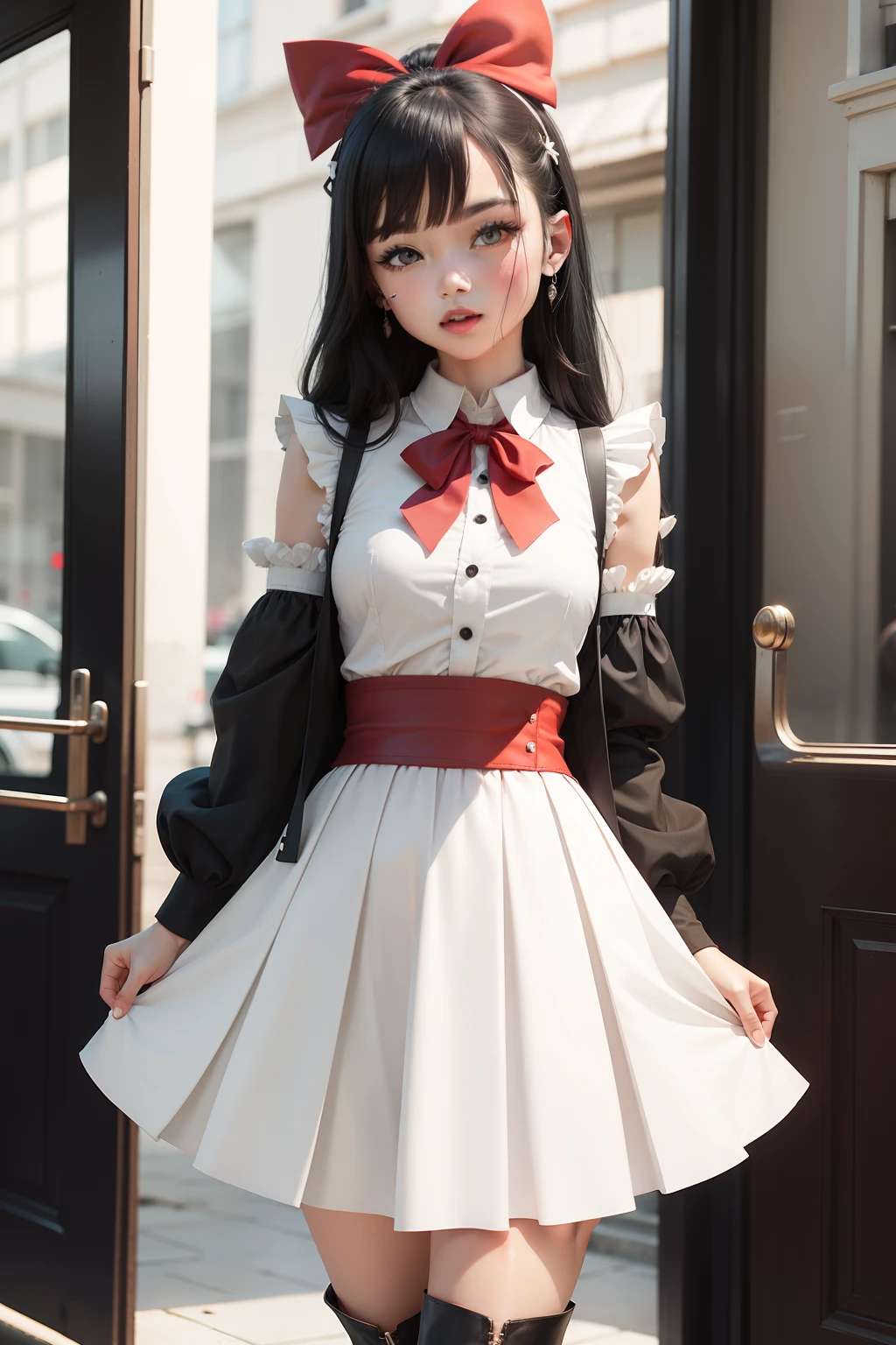 White dress with pleats at the chest,Tie a dark band around the waist,Black hair tied with a red bow,Lively and welcoming,Wear boots