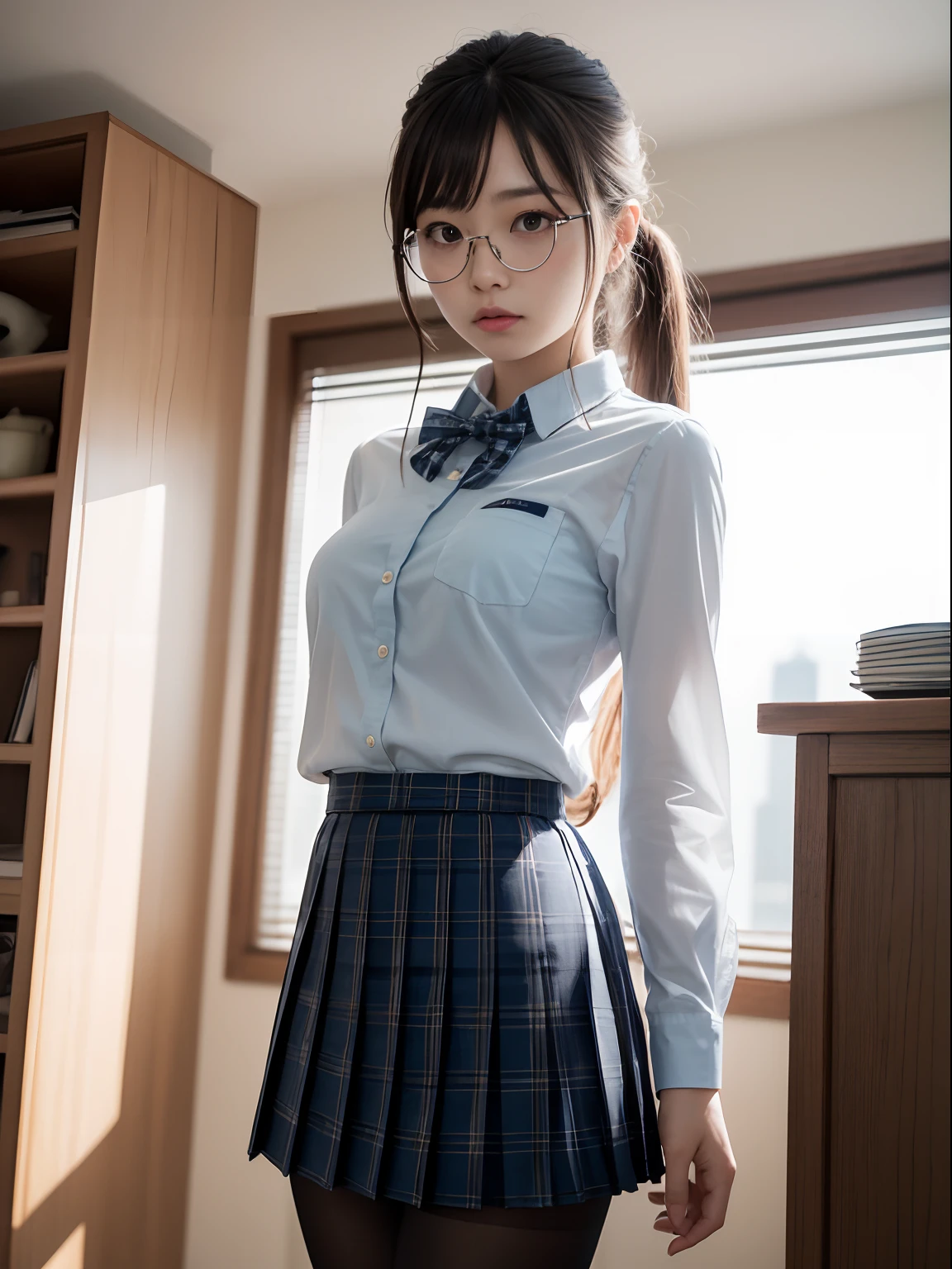 （8K、Raw photography、top-quality、​masterpiece：1.2),watching at viewers,Looking at the front,Tie a side ponytail、Hang a single knot of hair on your chest,Bullish,Muchimuchi,Erotic,Pupils,Light Blue Bra,de pele branca,kne,(Black pantyhose),absurderes,a small face,small tits,flat breast,Parting the bangs from the middle、Forehead visible,(a cold expression,Tight eyes,glares,Bullish,skinny,Rasping,irate)、​masterpiece,top-quality、超A high resolution,Raw photo,ren,Beautiful fece,One Person, 独奏,eye glass,,Dark look,Small breasts,fullllbody,Round glasses、cute little、Back to Student,JK school uniform,hi-school girl,A Japanese Lady,is standing,（Photorealsitic：1.37）、Photon mapping,Realistic、Cute little face,Brown-eyed、Black socks、(Red bow tie)、Radio City、Physically Based Rendering、Foreground、depth of fields、Blurry background、a picture,The girls、Body,beauty legs, Long legs, Thin leg,Tie your hair into one strand on your chest,(Bangs are visible), hair, s lips, Blue_The eye, nosesoft,(Light blue shirt), (Navy and blue and white plaid pleated skirt), Knees are visible,Sheer clothing,, Thigh, Black cotton socks,Nogizaka Idol, 女優, Japanese ido