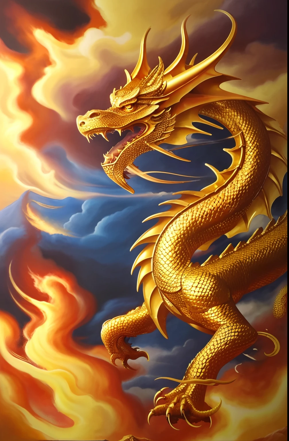 Close-up of a golden dragon in a cloudy sky, golden dragon, colossal dragon as background, Oil painting of a dragon, chinese dragon concept art, smooth chinese dragon, legendary dragon, Chinese dragon, epic dragon, Majestic Japanese Dragon, dragon art, ''Blue Scale Dragon, loongs, Phoenix Dragon, a dragon, Dragon Breathing, fire flaming dragon serpent, Blue Dragon