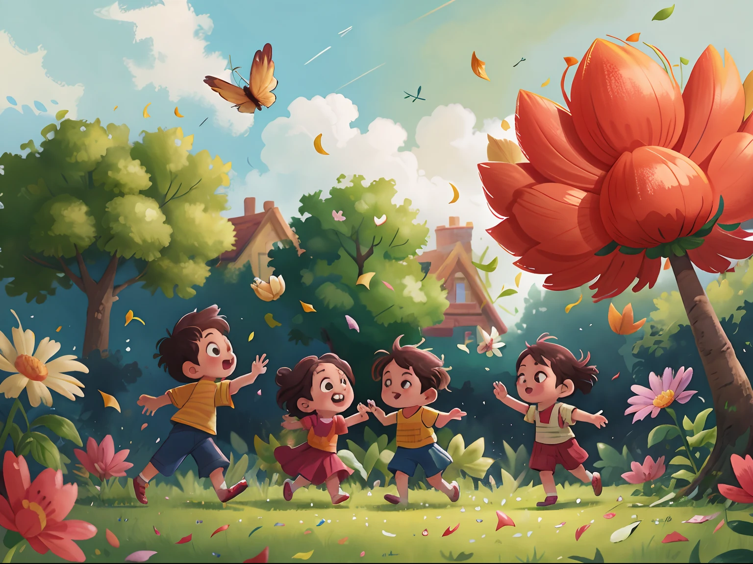 Picture children playing in a garden chasing flower petals that are being thrown into the air by the wind, The wind taking the leaves off the trees.