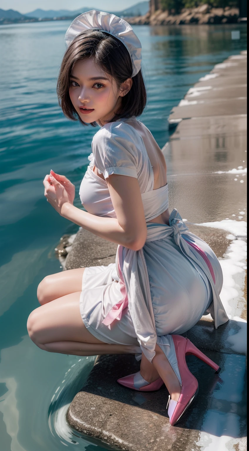 Splitting characters is prohibited,(full bodyesbian:2),(1girll:1.2),(Reveal high heels,A perfect match to the picture:1.6), (anatomy correct:1.5), (The figure is at the top of the mountain|on a snowy mountain|over the sea|in the water|On the boat|Top of high-rise building|On the street|in woods|at the lakes|In front of the waterfall|in an airplane|:1.1), (Wear gorgeous maid outfits:1.5),(Polished pointed toe heels:1.2), Keep your feet off the ground,(In pink|amarelo|blue colors|green color|red colour|white colors|black in color|purpleish color|greys|Beige|Flesh-colored:1.3),(Accurate and perfect face:1.6),(Skin reflection:1.5),A shallow laugh,,Strangling effect,hyper HD, Ray traching, reflective light,structurally correct, Award-Awarded, high detal, lightand shade contrast, Face lighting,cinmatic lighting, tmasterpiece, super detailing, high high quality, high detal, best qualityer, 16k