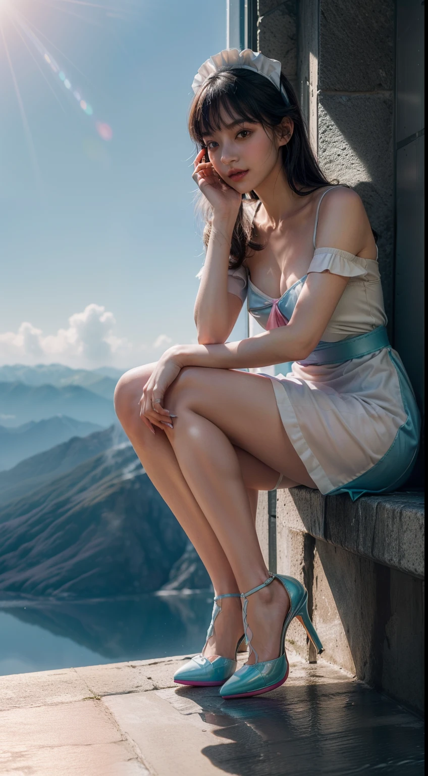 Splitting characters is prohibited,(full bodyesbian:2),(1girll:1.2),(Reveal high heels,A perfect match to the picture:1.6), (anatomy correct:1.5), (The figure is at the top of the mountain|on a snowy mountain|over the sea|in the water|On the boat|Top of high-rise building|On the street|in woods|at the lakes|In front of the waterfall|in an airplane|:1.1), (Wear gorgeous maid outfits:1.5),(Polished pointed toe heels:1.2), Keep your feet off the ground,(In pink|amarelo|blue colors|green color|red colour|white colors|black in color|purpleish color|greys|Beige|Flesh-colored:1.3),(Accurate and perfect face:1.6),(Skin reflection:1.5),A shallow laugh,,Strangling effect,hyper HD, Ray traching, reflective light,structurally correct, Award-Awarded, high detal, lightand shade contrast, Face lighting,cinmatic lighting, tmasterpiece, super detailing, high high quality, high detal, best qualityer, 16k
