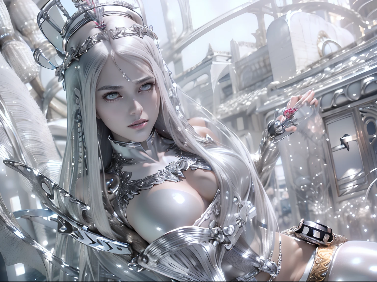 Ultra-detailed complex 3D rendering of the face, (masterpiece, top quality, octane rendering,), glamour shots full body image, very beautiful young elves, cleavage, (highly detailed skin: 1.2), (exposure: 1.1), ((blue micro bikini: 1.95)))). , 8k, (((very soft breasts)), (((conspicuous large pink areola)), beautiful Caucasian woman with white skin with full soft breasts with big buttocks, one, long braided hair, big breasts, dynamic angles, (((huge breasts: 2.4)), ultra-realistic photos, ((((((silver hair)))), futuristic urban background, facial muscles, (((((detailed and glamorous silver crown)))), In the style of Marvel Comics, ArtStation Trends, Clear Focus, Intricate Details, Very Detailed, Detailed Green Eyes, Sharp Focus, Digital Rendering, Professional, Abs, Lip Gloss, Glossy Skin, Sexy Pose, Golden Tattoo All Over Body, Silver Pattern All Over Body, Silver Lame Skin, Gold Glitter Skin, Mansuji, Buttocks, Jeweled All Over the Body, with silver scales, silver hair,