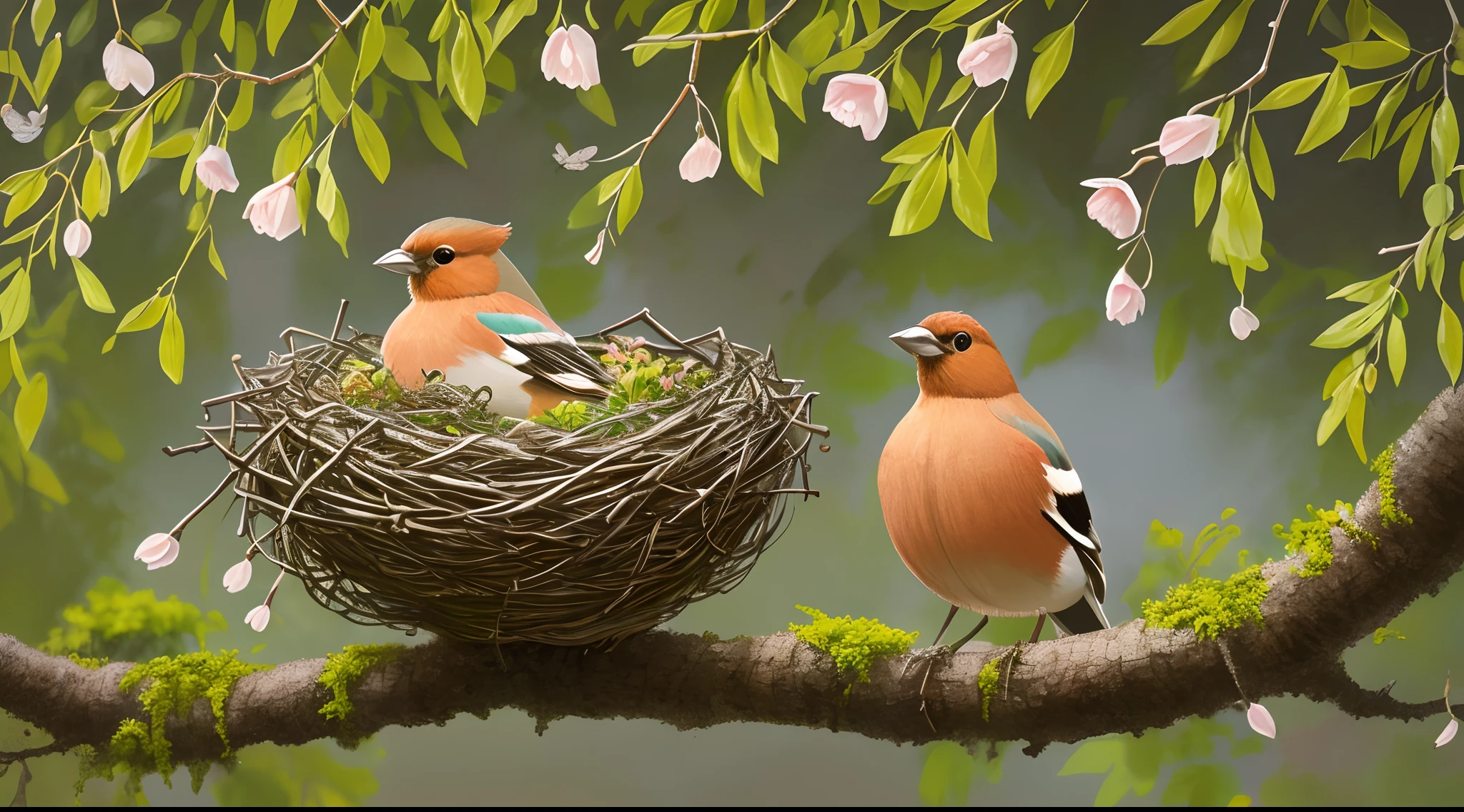 (best quality, detailed illustration), vibrant spring scene, blooming flowers, buzzing bees, delicate petals, colorful atmosphere, A delicate chaffinch gently nurtures its nest nestled within a bed of beautiful gray moss, as I find solace in the loving embrace of my dear one, beneath the protective shade of a majestic white thorn bush."