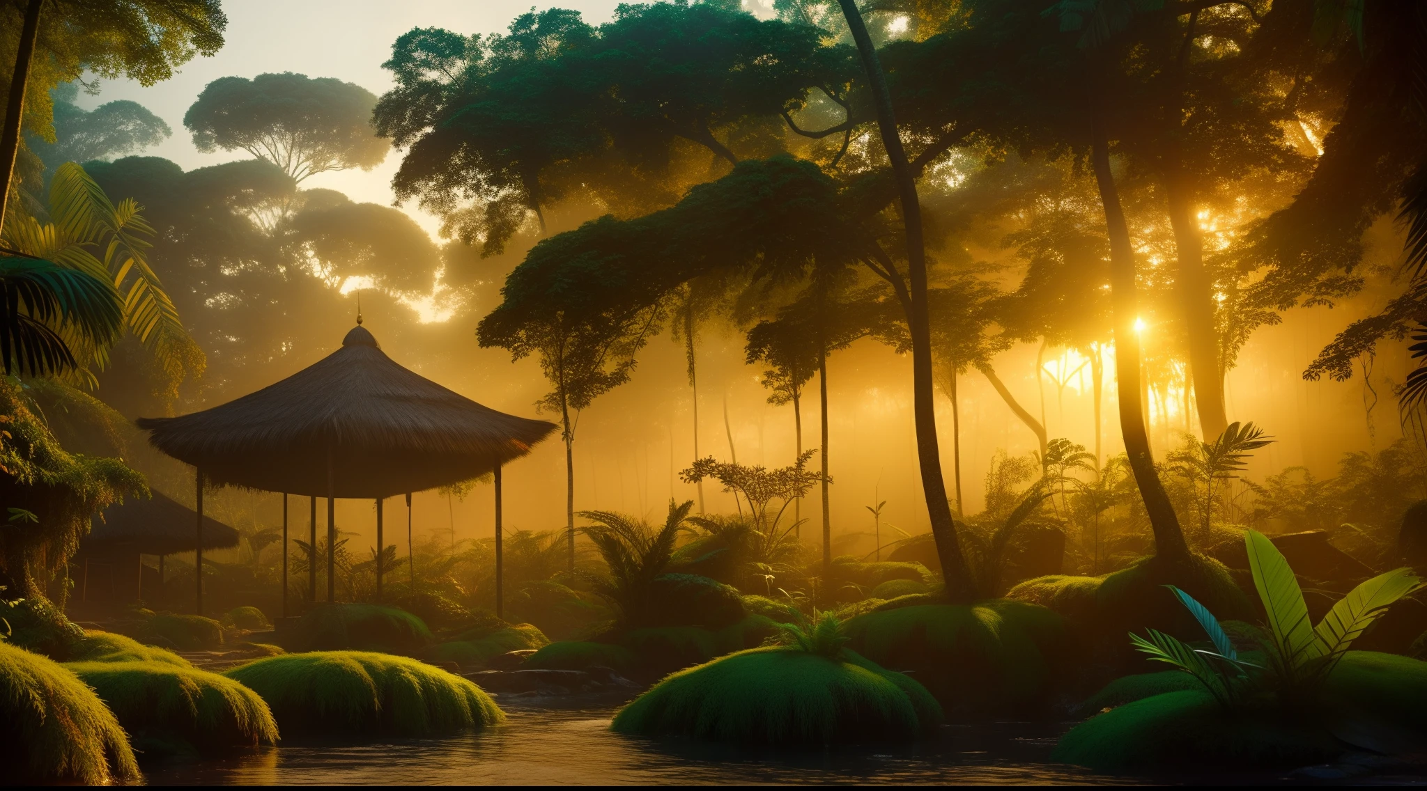 a golden city lost in the amazon rainforest, vivid colors, perfect composition, beautiful, detailed, intricate, octane render, 8K, high natural light,