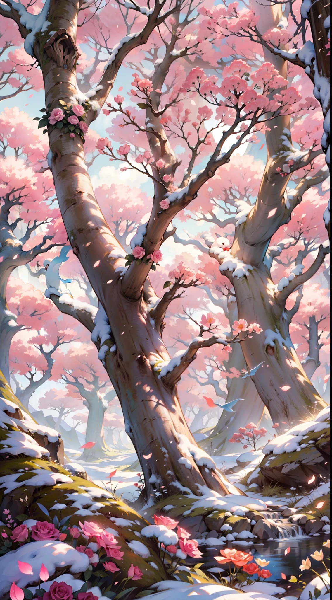 Ilustracion de fantasia, fondo de anime, paramo nevado con bosque de fondo, arboles blancos, rosas color rosa floreciendo de la nieve (mejor calidad, obra maestra de la ilustracion, ganador de concurso pixiv, fondo hermoso de fantasia) luz de dia magica, nubes mastodonte color rosa