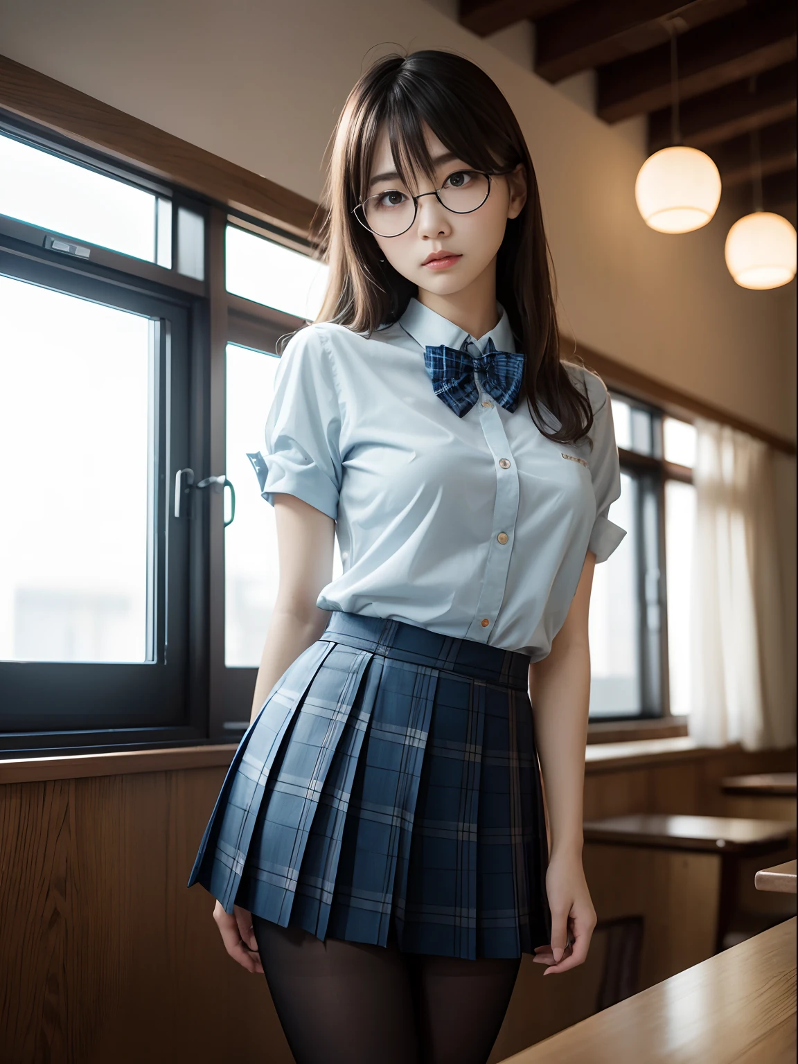 （8K、Raw photography、top-quality、​masterpiece：1.2),watching at viewers,Looking at the front,Tie a side ponytail、Hang one knot of hair on your chest,Bullish,Muchimuchi,,Pupils,Light Blue ,de pele branca,kne,(Black pantyhose),absurderes,a small face,small tits,flat breast,Parting the bangs from the middle、Forehead visible,(a cold expression,Tight eyes,glares,Bullish,skinny,Rasping,irate)、​masterpiece,top-quality、超A high resolution,Raw photo,ren,Beautiful fece,One Person, 独奏,eye glass,,Dark look,Small breasts,fullllbody,Round glasses、cute little、Back to Student,JK school uniform,hi-school girl,A Japanese Lady,is standing,（Photorealsitic：1.37）、Photon mapping,Realistic、Cute little face,Brown-eyed、Black socks、(Red bow tie)、Radio City、Physically Based Rendering、Foreground、depth of fields、Blurry background、a picture,The girls、Body,beauty legs, Long legs, Thin leg,Tie your hair into one strand on your chest,(Bangs are visible), hair, s lips, Blue_The eye, nosesoft,(Light blue shirt), (Navy and blue and white plaid pleated skirt), Knees are visible,Sheer clothing,, Thigh, Black cotton socks,Nogizaka Idol, 女優, Japanese ido