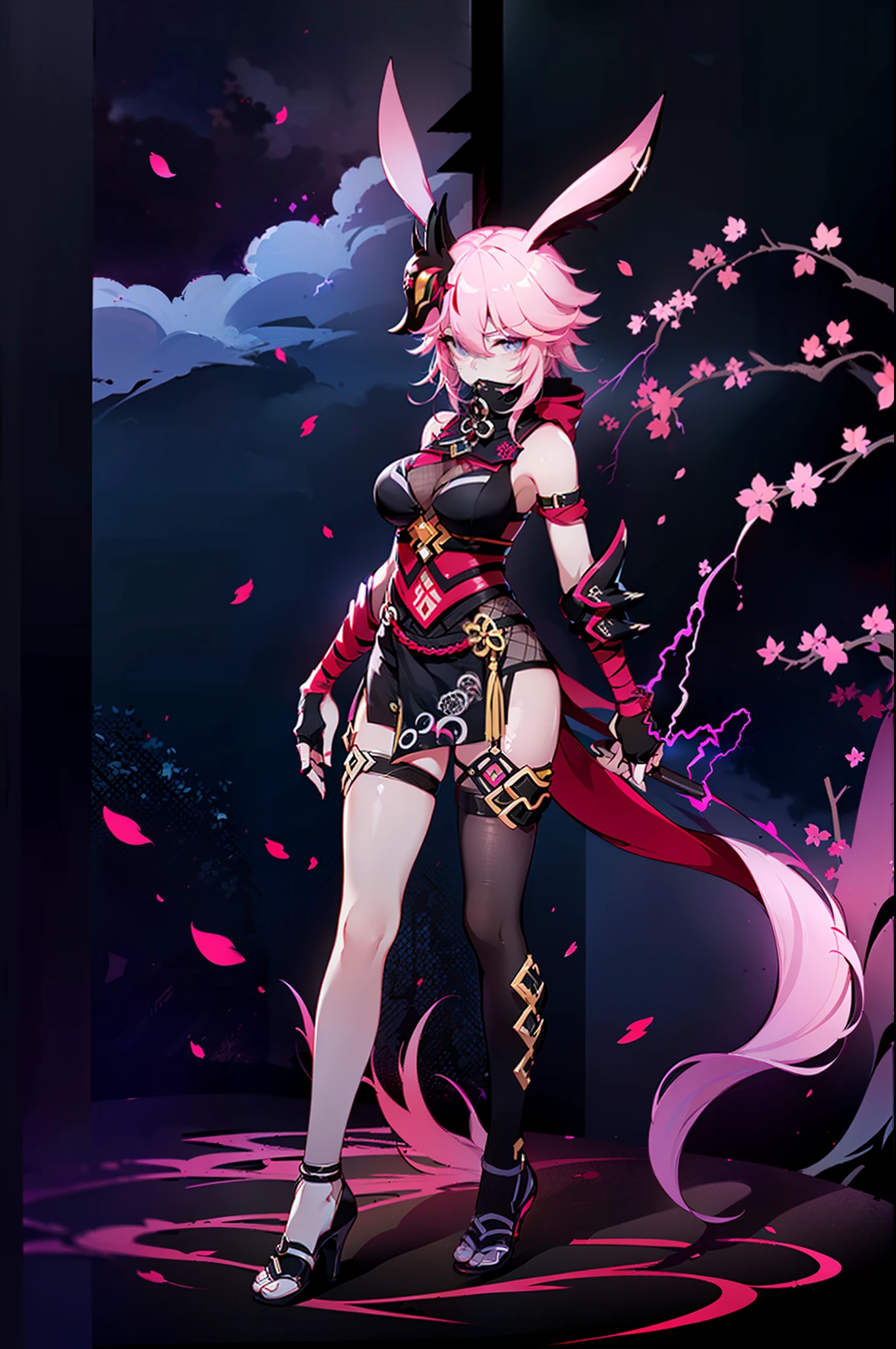 {{masterpiece, best quality, extremely detailed CG, unity 8k wallpaper,anatomically correct,ultra resolution}},Award-winning photography,(best illumination,Very Delicate and Beautiful),{1girl,solo},(full body:1.5),((yae_kasumi)),(extremely beautiful and detailed face:1.2), (extremely beautiful and detailed eyes:1.2,short hair,perfect hands,delicate legs,((black face mask:1.5,black pantyhose:1.5,black fingerless gloves)),looking at viewer,dark persona,evil,((night, dark atmosphere, dark theme, scary atmosphere, darkness:1.5)),blood on face, blood on floor, blood on walls,dramatic shadows,(dimly lit:1.5),(blood mist,blood splash:1.4),cherry blossoms,depth of field,(extremely beautiful and detailed background:1.2),((magical electricity:1.4)),cherry blossoms, cloud, full moon, moon, moonlight, night sky, outdoors, petals, blood moon, cherry petals, sky, star sky, starry sky, {perfect human body structure with maximum precision}