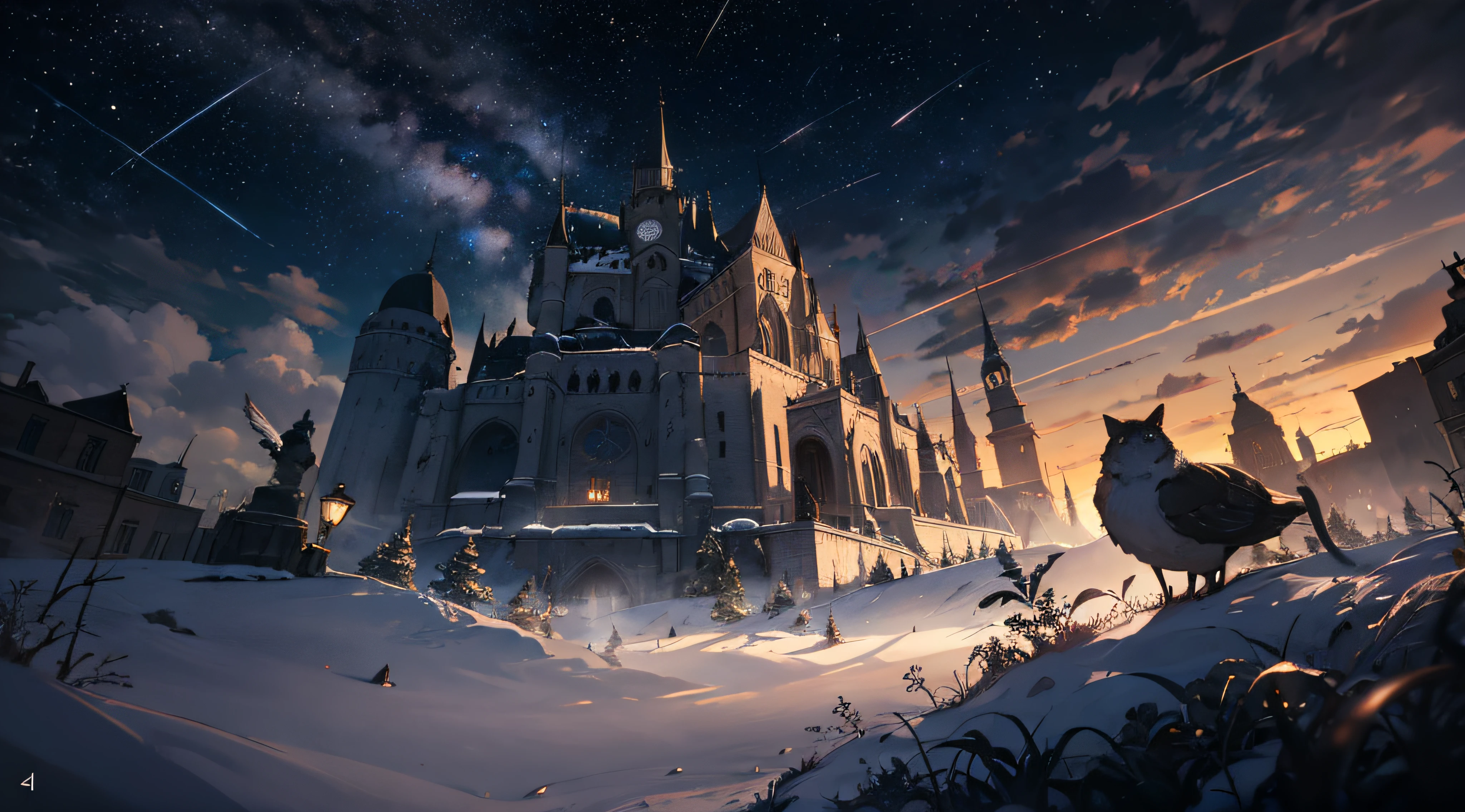 Expansive landscape photograph,(moon full:1.2),(meteors:0.9),(Starcloud:1.3),(Warm light source:1.2),(glowworm:1.2),lamp lights,Lots of purple and orange,Complicated details,Volumetriclighting,Realism BREAK(tmasterpiece:1.2),(best qualtiy),8K,Ultra-detailed,(dynamic compositions:1.4),The is very detailed,Colorful details,(Irridescent color:1.2),(luminouslighting,Atmospheric lighting),dream magical,magical,(独奏:1.2),((best qualtiy)), ((tmasterpiece)), (the detail:1.4),depth of fields,maximum definition and sharpness,perfectly proportions,Fluttering clouds,Wallpapers
