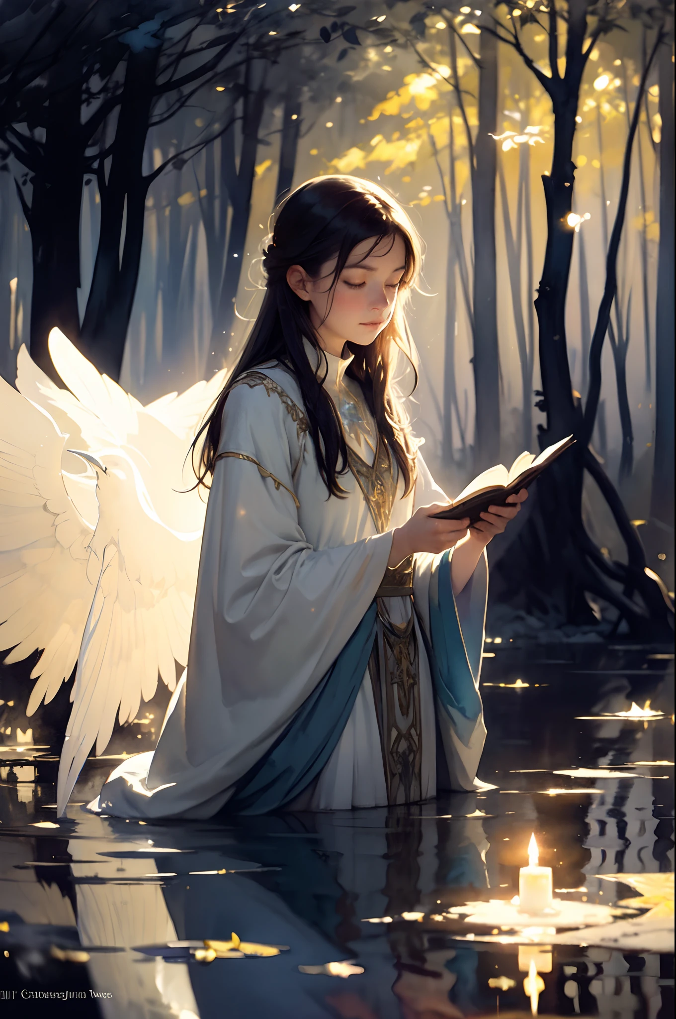 watercolor, Anders Zorn, John Singer Sargent, Elsa, sorceress studying, moody lighting, tranquil, calm, glow, glowing, mystical, magical, rim lighting, fantasy, sunbeam, soft lighting, sparkle, glittering