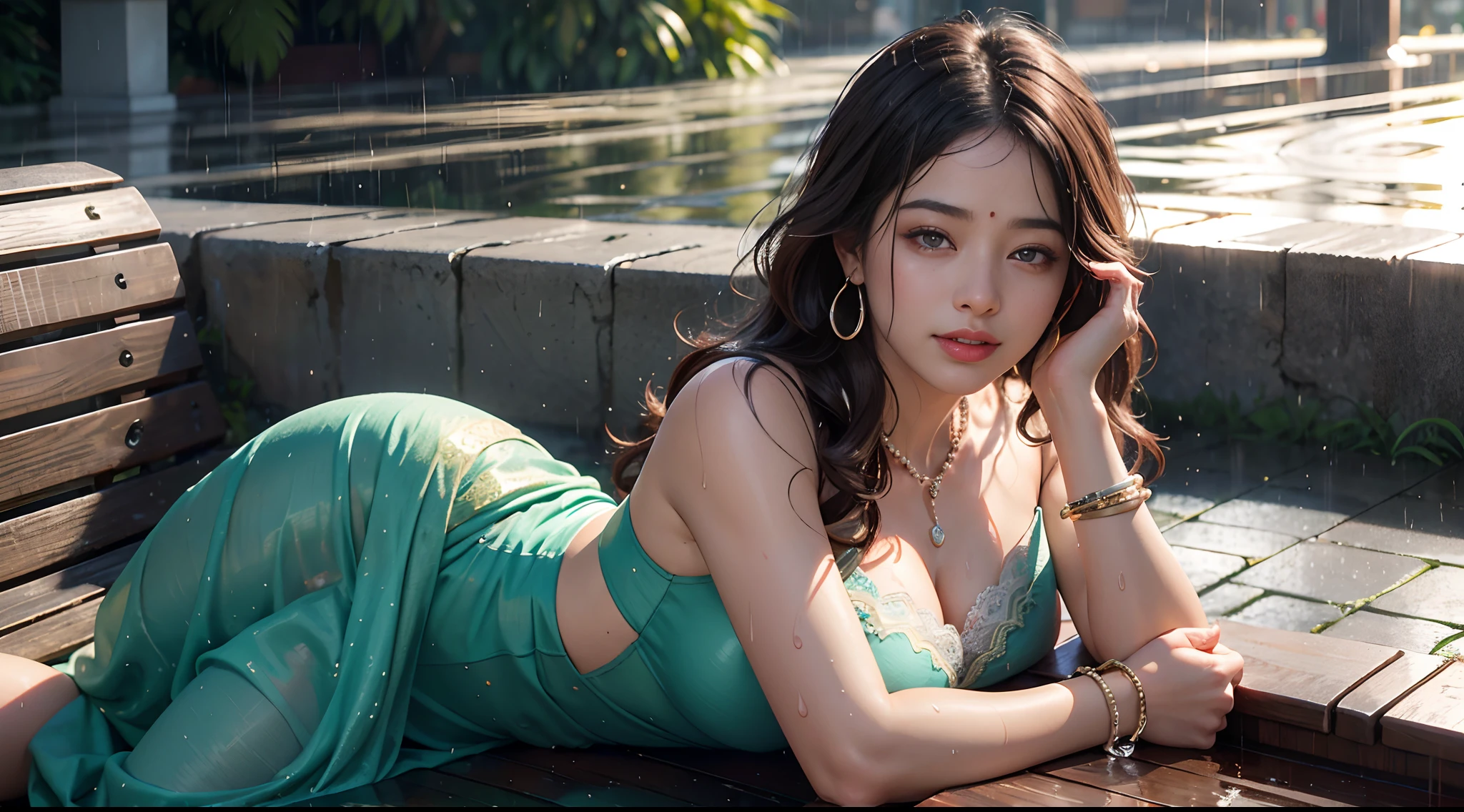 8yk, raw photo, heavy rainfall, raining, closeup, detailed green eyes, (best quality), hi-res, (one girl), (realistic, photorealistic: 1.2), ultra-detailed physically based rendering, necklace, earrings, air bang, hair ornament, sunset, collarbone, wristband, navel, long hair, brown hair, ahoge, eyes closed, mouth wide open, sinful, cry, Rashmika Mandanna, mole under lips, smiling, orange saree, wet skin, water on face, water on skin, heavy rainfall, Beautiful Indian woman sitting over bench, soaked in rain, soaked hair,, soaked clothes, city street, crowded street, long hair highlights, curvy, flower, big earrings, morning time, sunlight on face, shining body, through hair, lace bustier beautiful shining, pearls, sitting, cleavage, floor, raining, Rainfall, raining Heavy, body focused in middle, laying on bench