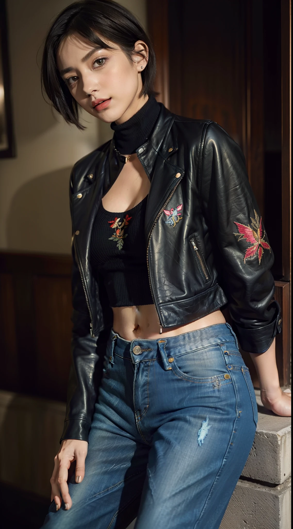 Masterpiece, High quality,1girll,Solo,Middle breast , Short hair, (hair between eye),(00BFFE Pixie cut), Bat wings, Disappointed face,(Embroidered sweater, Cropped flared jeans, Leather blazer)