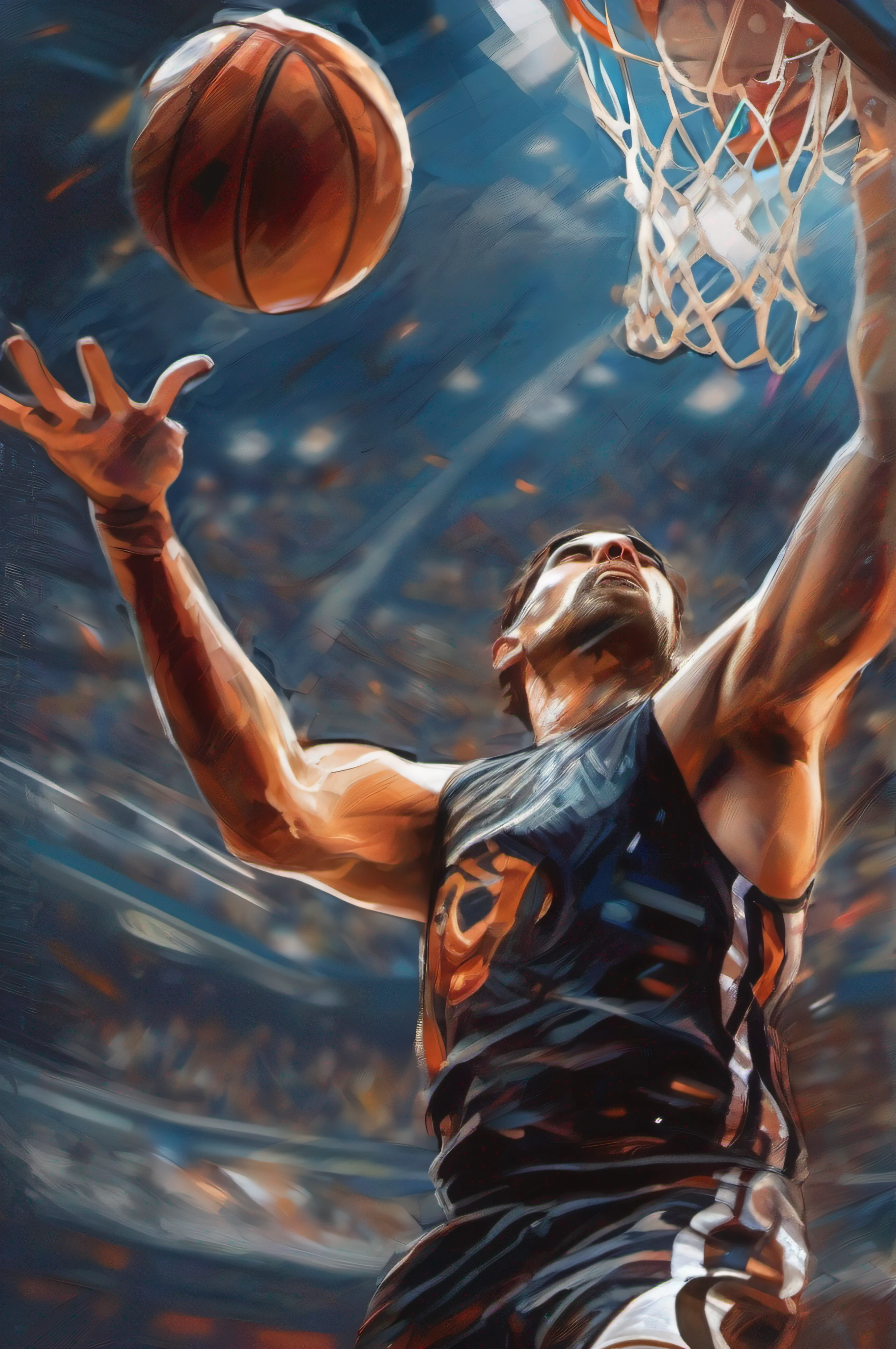 "Estilo abstracto, Primer plano de un hombre ((cuerpo perfecto)), ((manos perfectas)), ((brazos y piernas perfectas)), disparando a un aro de baloncesto en medio de un partido."
