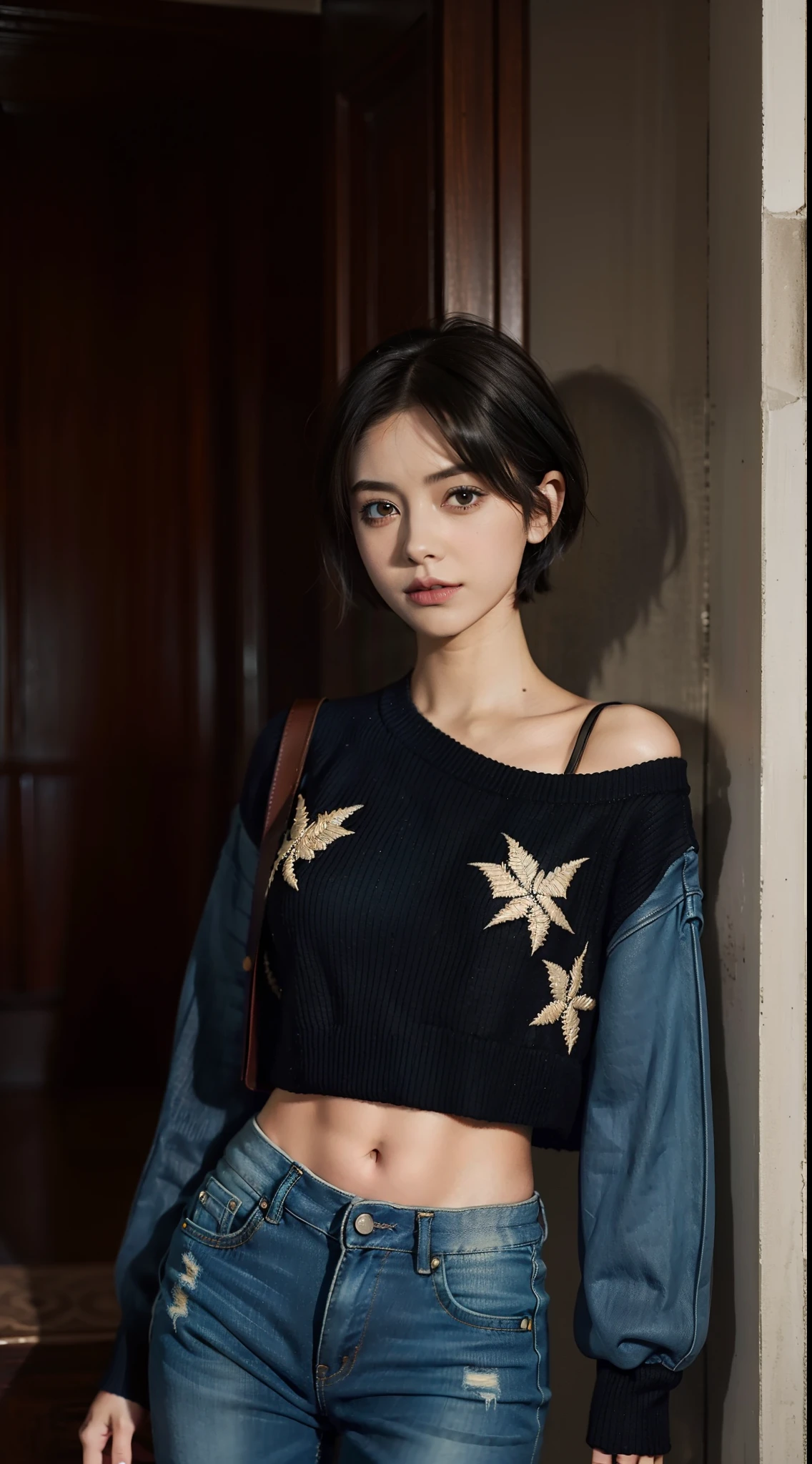 Masterpiece, High quality,1girll,Solo,Middle breast , Short hair, (hair between eye),(00BFFE Pixie cut), Bat wings, Disappointed face,(Embroidered sweater, Cropped flared jeans, Leather blazer)