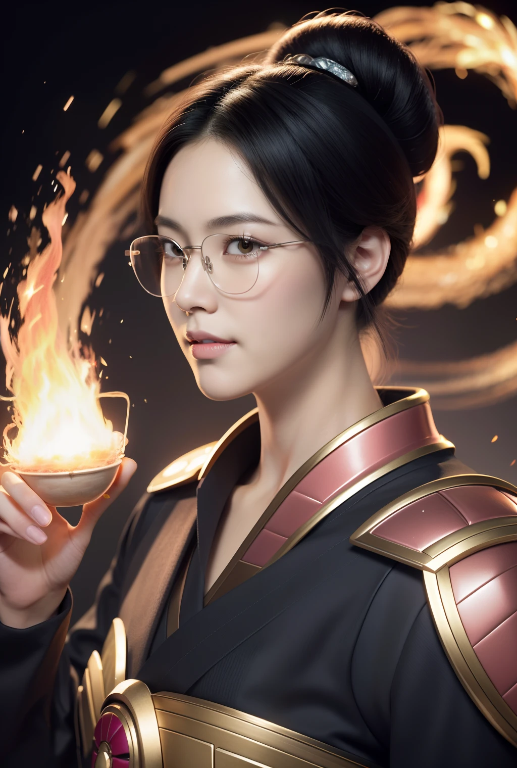 (Masterpiece), (Excellent),(pink light particles,rim lighting,fire glow effect),(Super Meticulous), (Full Body: 1.2), Super Young woman with Japanese Female Geisha, Pretty, Beautiful, Chinese Dragon, Tiger, Wind God Thor, Sexy, Bursting, Oriental Face, TV Anchor, Bust Portrait Illustration, Black Suit, Blue Tie, Slightly Chubby Face, Silver Glasses, Very Clean Face, No Beard on Chin, Black Super Short Hair, Black Eyes, Confident Smile, 3c Computer Sub-Products, iPad, iPhone, Digital Painting, 3D character design by Mark Clairedon and Pixar and Hayao Miyazaki and Akira Toriyama, the illustrations are HD illustrations in 4K resolution with highly detailed facial features and cartoon-style visuals.